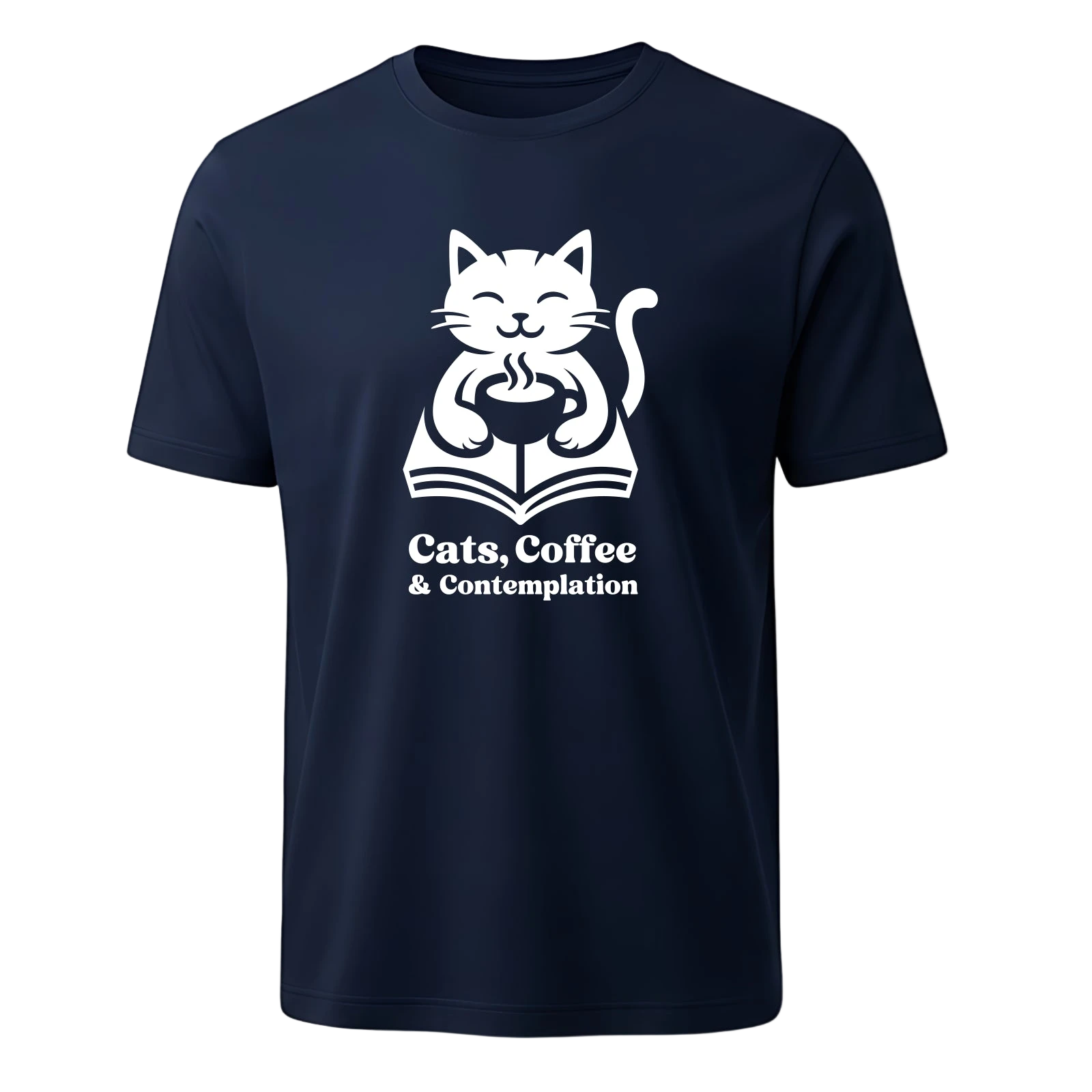 Navy blue t-shirt with a white graphic of a cat holding a coffee cup and text 'Cats, Coffee & Contemplation' on a white background.