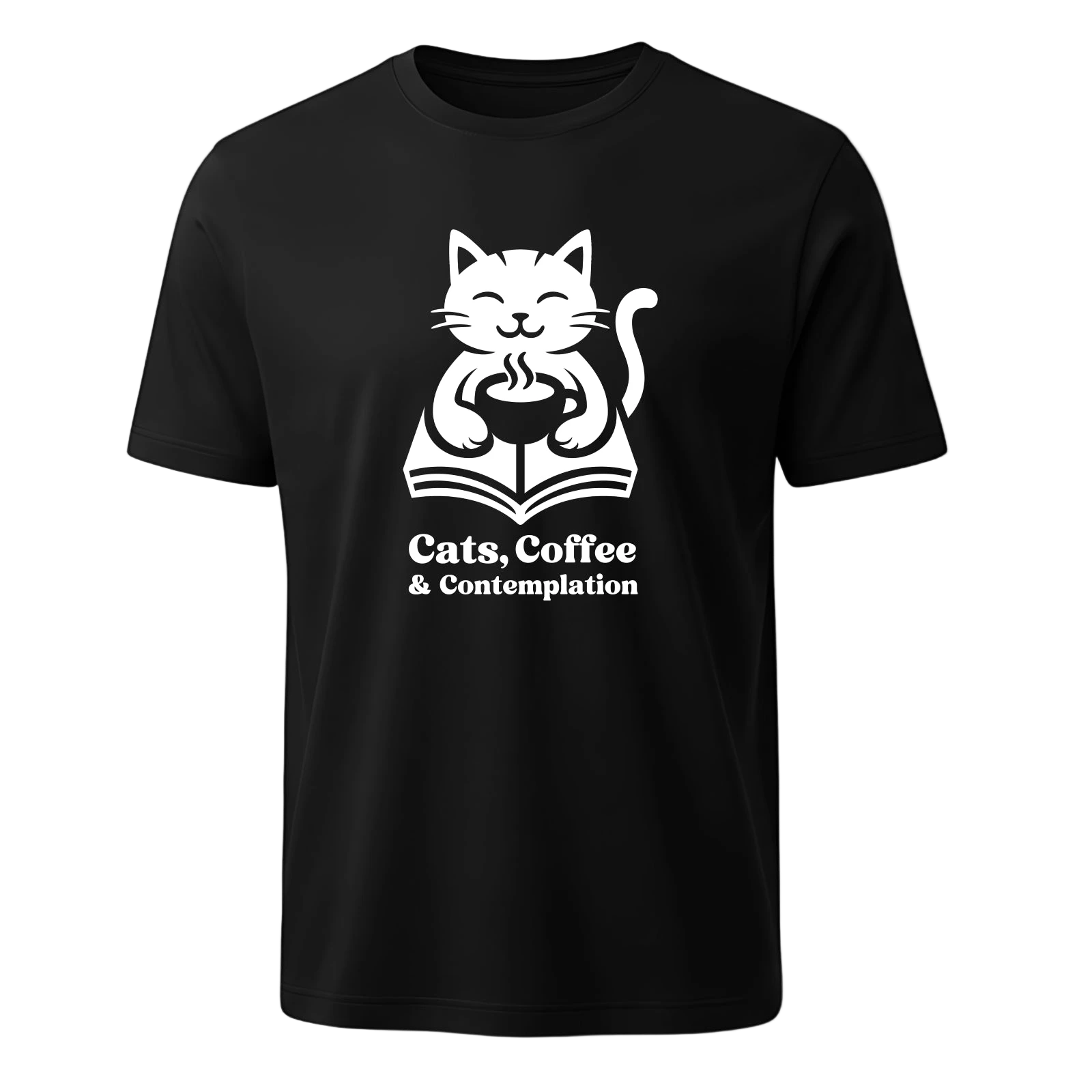 Black t-shirt with a white graphic of a cat holding a coffee cup and text 'Cats, Coffee & Contemplation' on a white background.