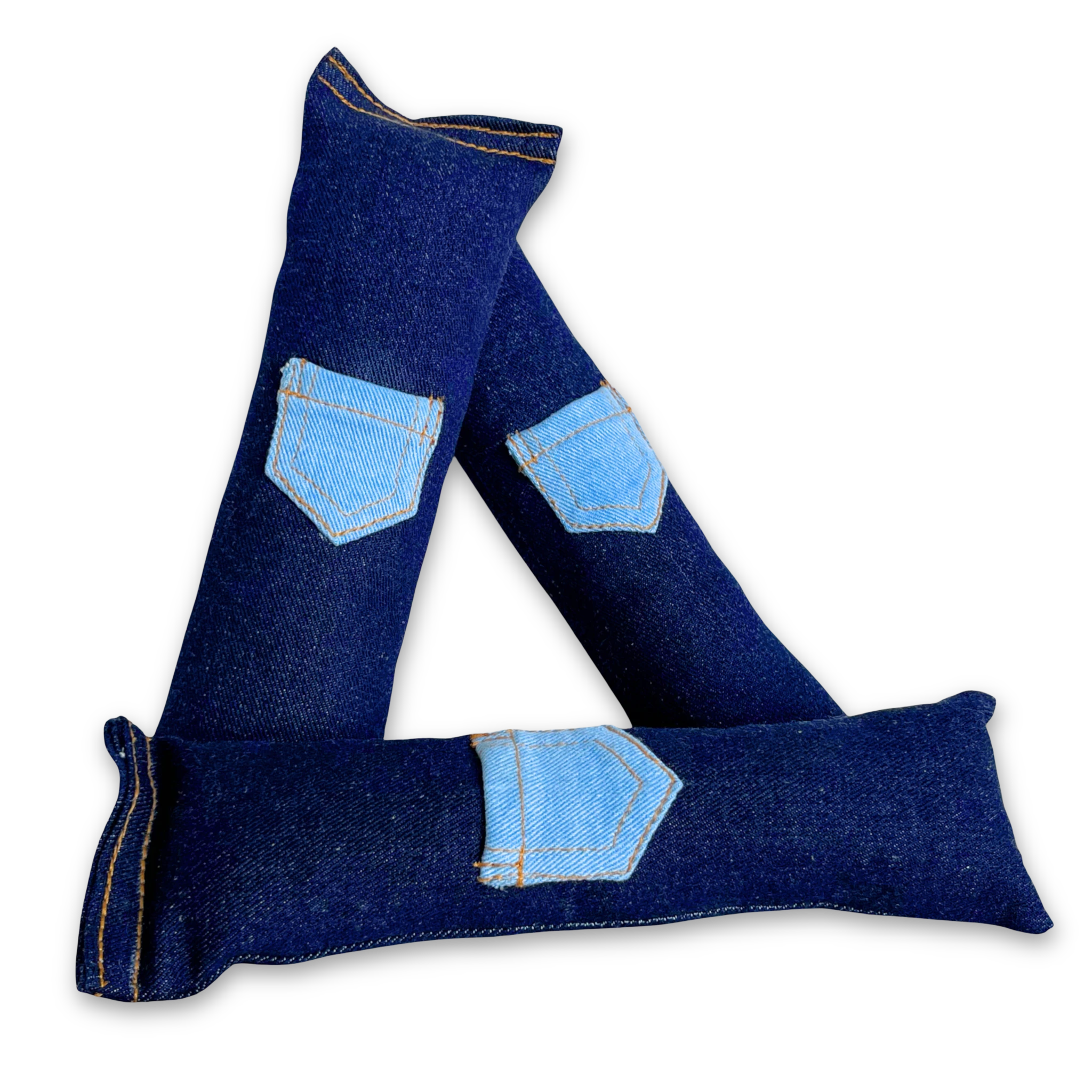 Denim cat kicker toys, multiple angles on a light background.