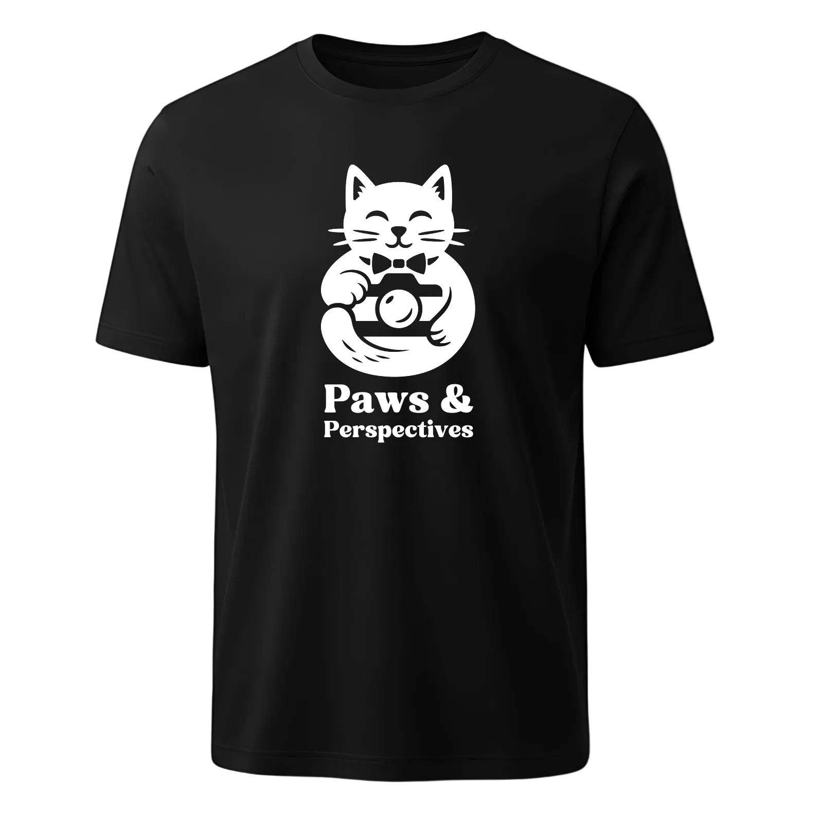 Black cat t-shirt with a white cat illustration and “Paws & Perspectives” text, by Kitty Cat Habitat
