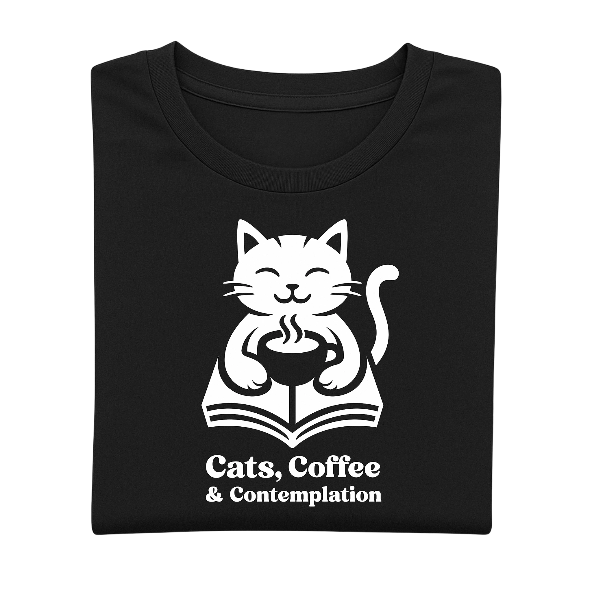 Folded black "Cats, Coffee & Contemplation" cat graphic t-shirt showing the front print on a light background.