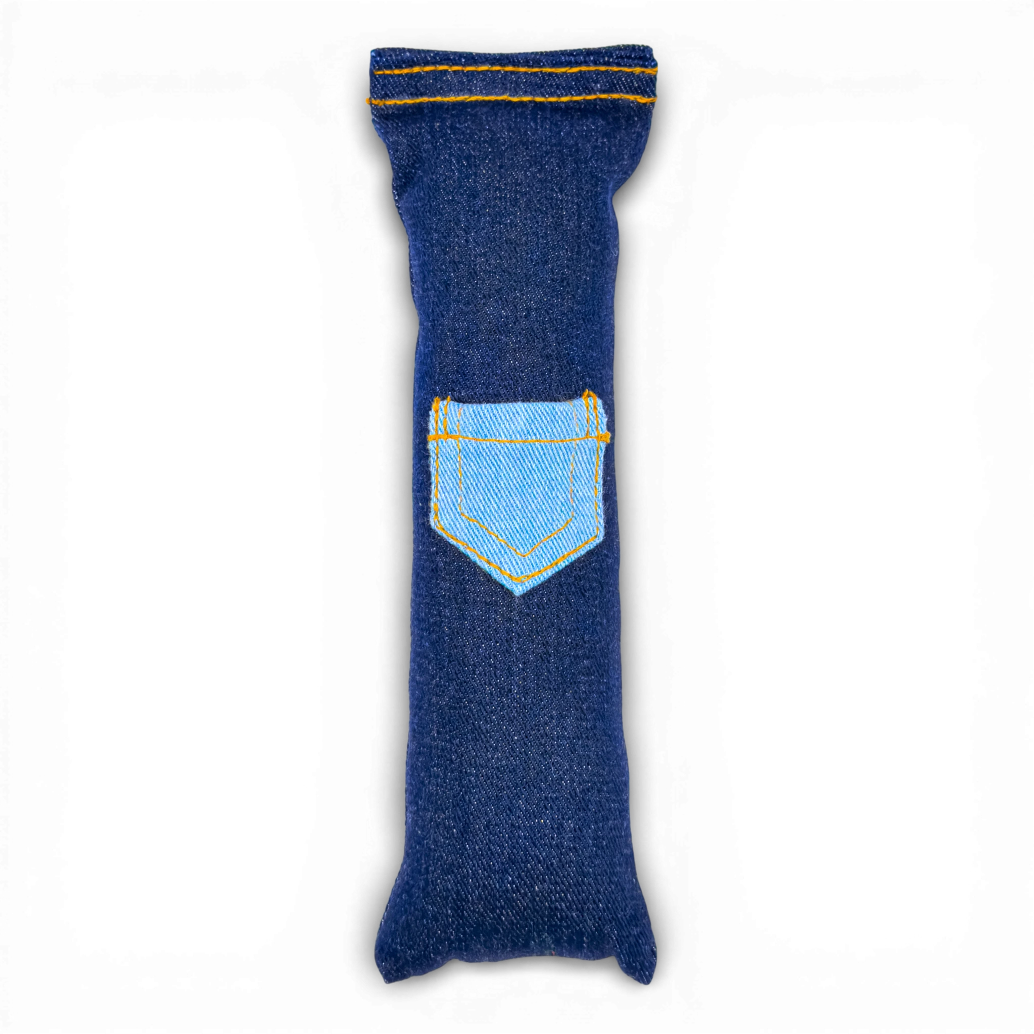 Front view of a denim cat kicker toy showing smooth denim panel and stitching on a light background.