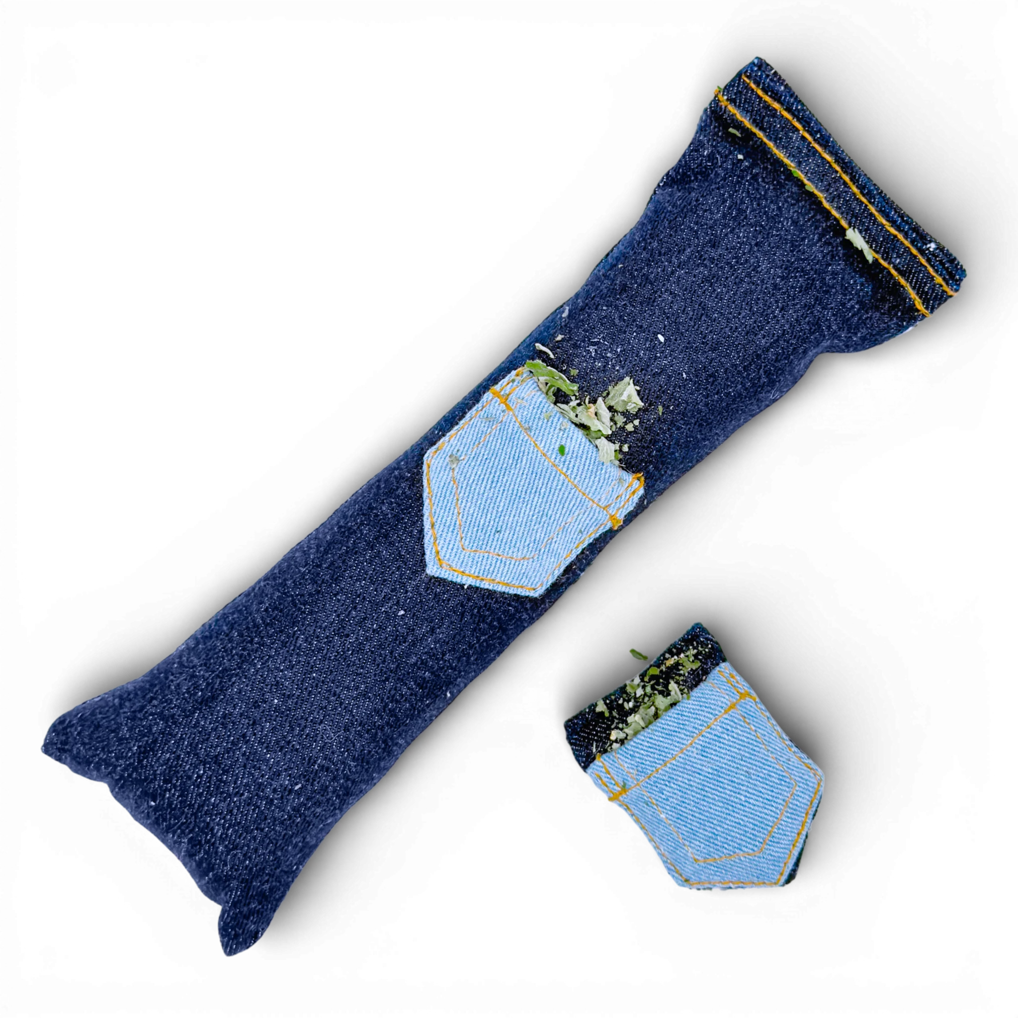 Denim cat kicker toy with matching refillable pocket toy filled with catnip on a light background.