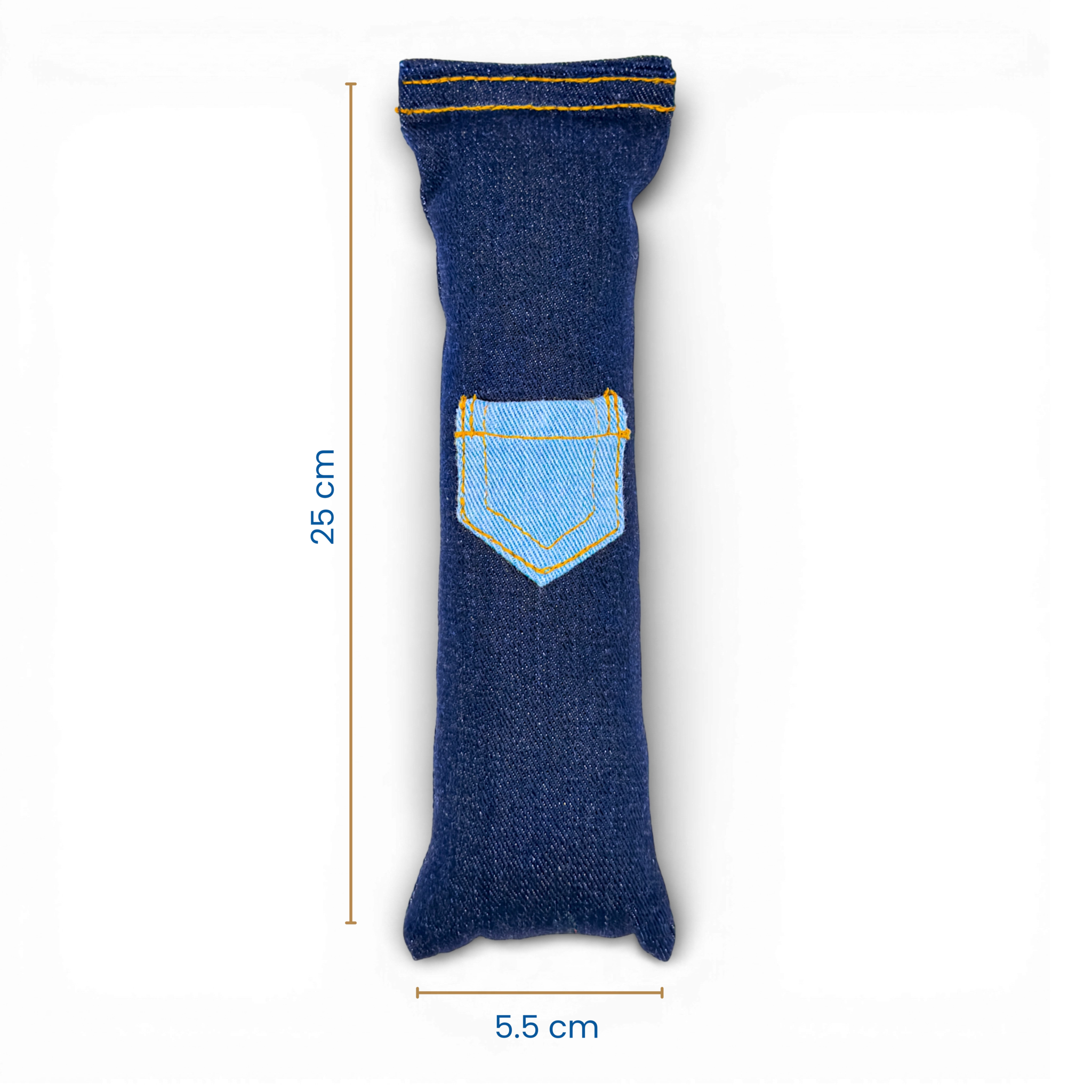 Denim cat kicker toy shown with height and width measurements on a light background.
