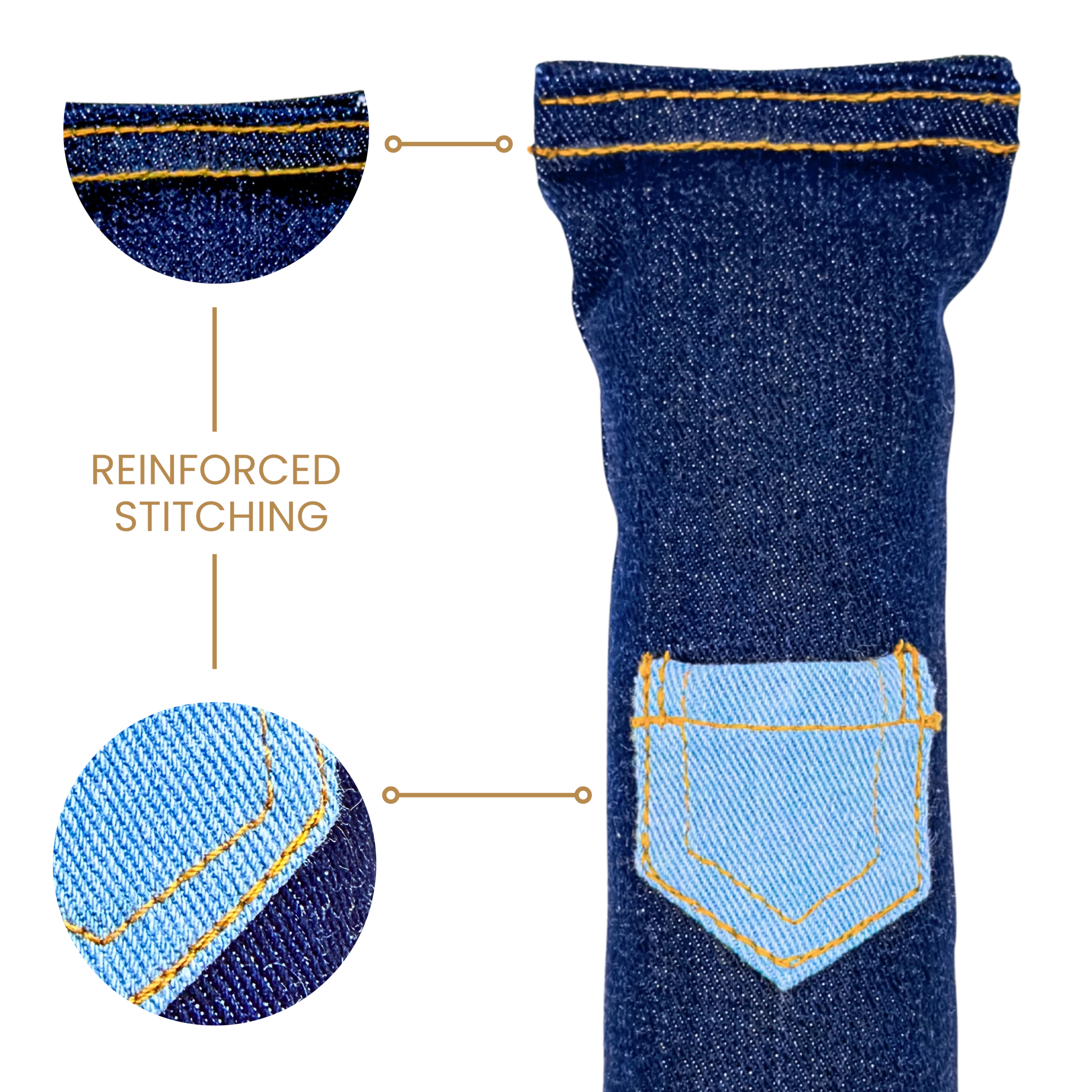 Graphic showing reinforced stitching and close-up of the denim cat kicker toy pocket detail.