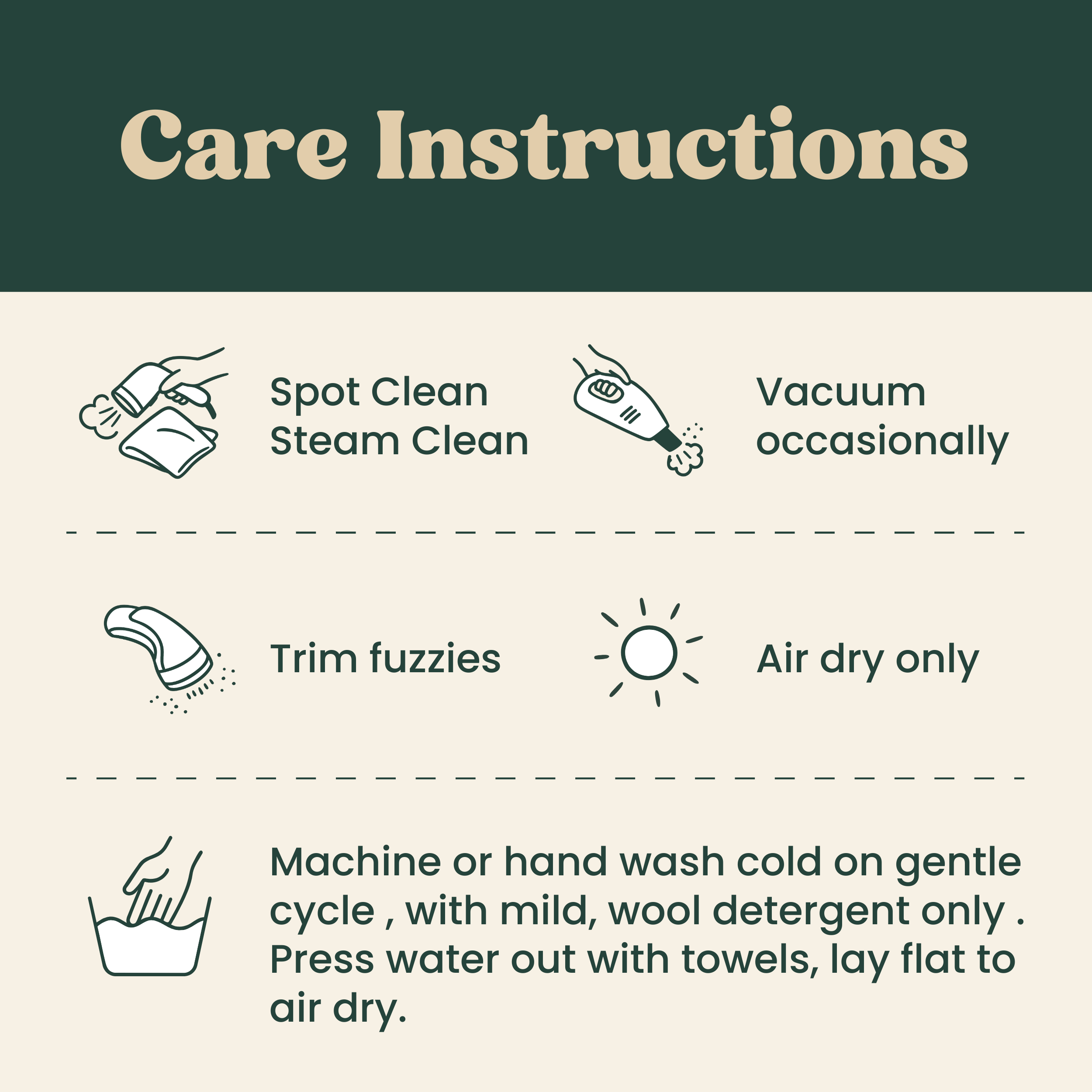 Care instructions graphic for round felted wool cat beds, including spot cleaning and air-drying tips.