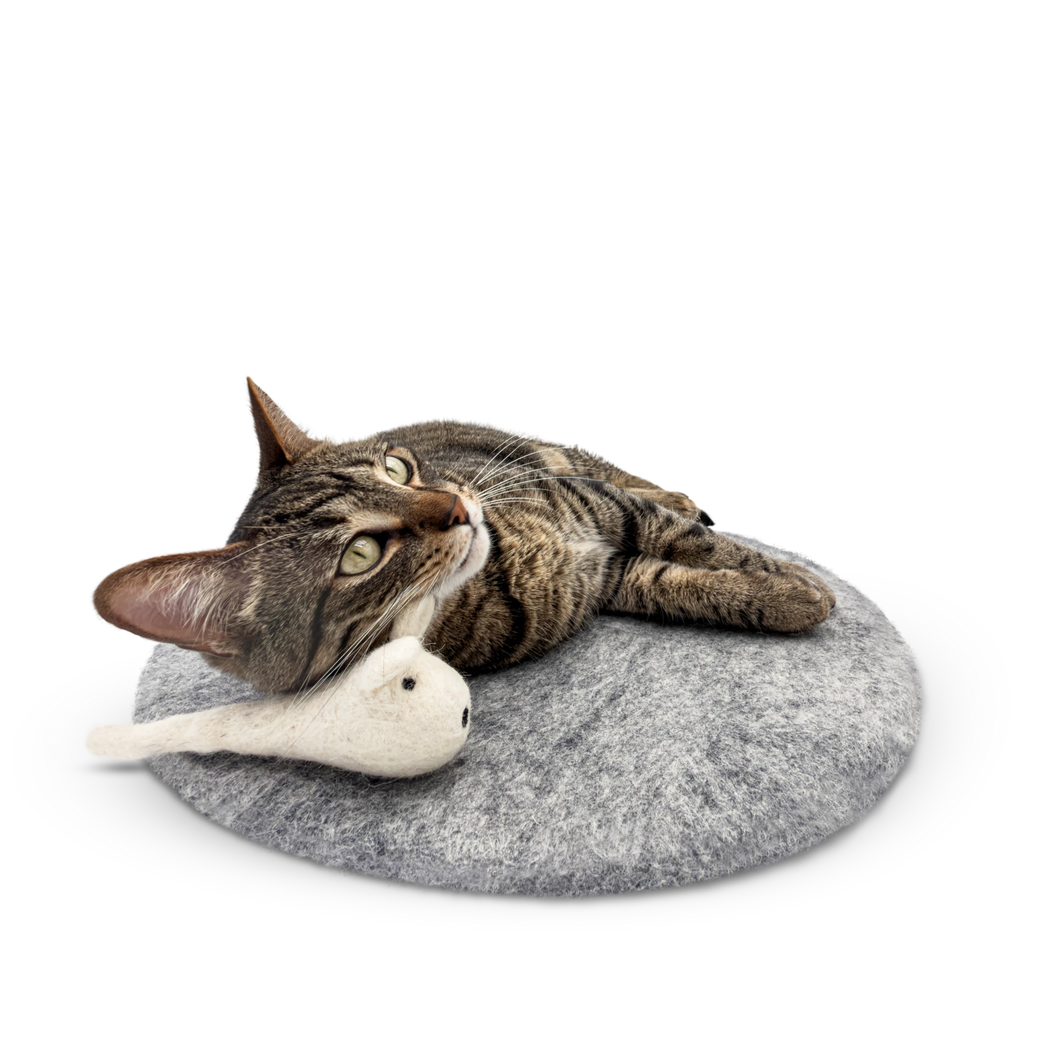 Tabby cat cuddling a white mouse toy while lying on a round grey felted wool cat bed.