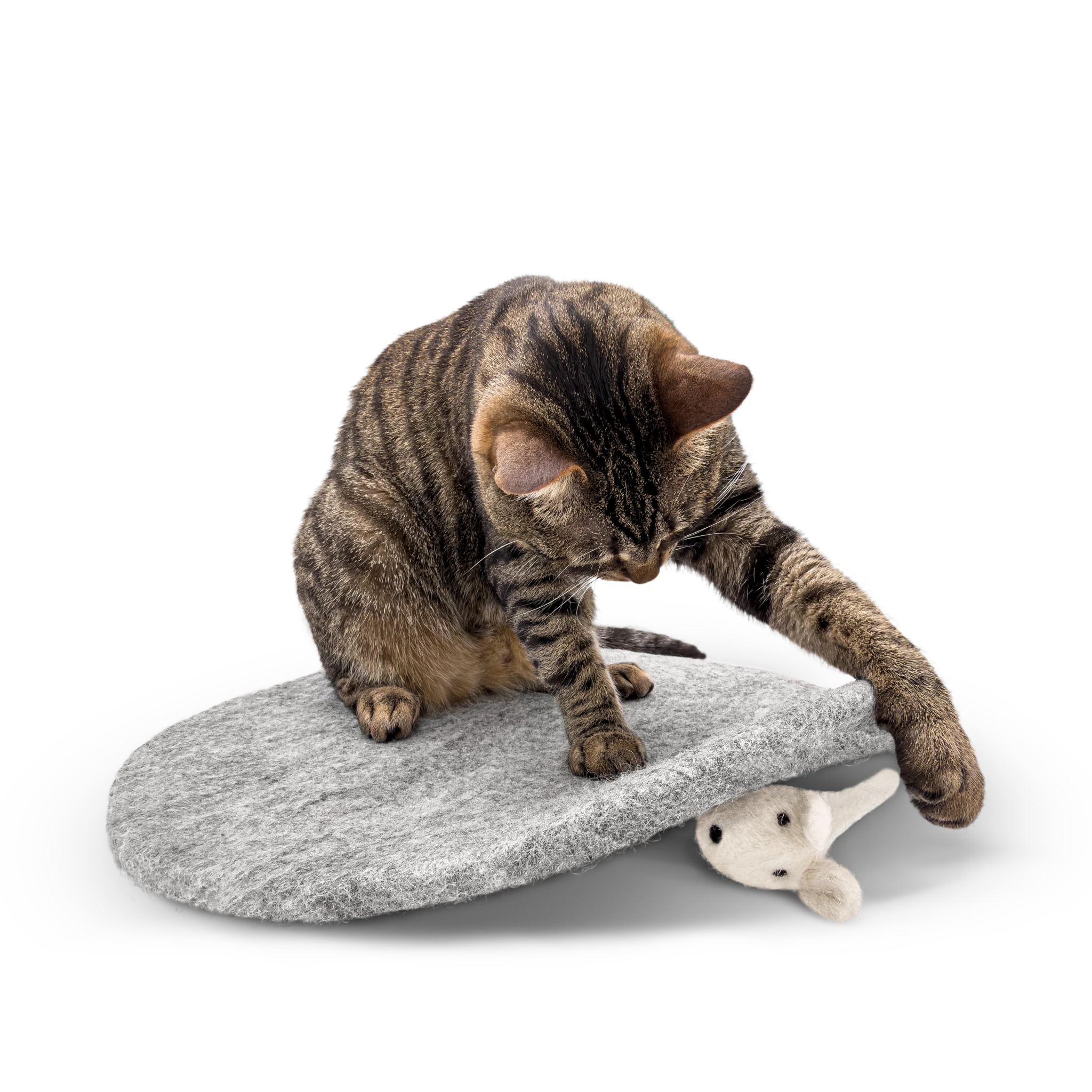 Tabby cat playing with a white mouse toy on a round grey felted wool cat bed.