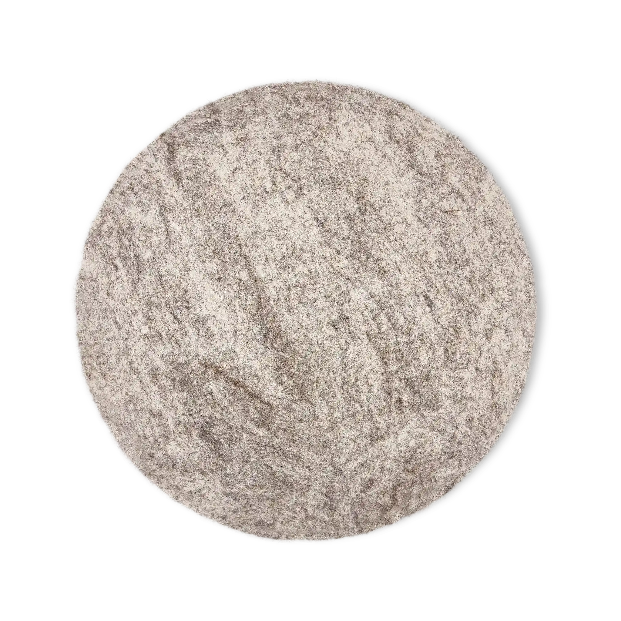 Top view of a round light brown felted wool cat bed on a white background.