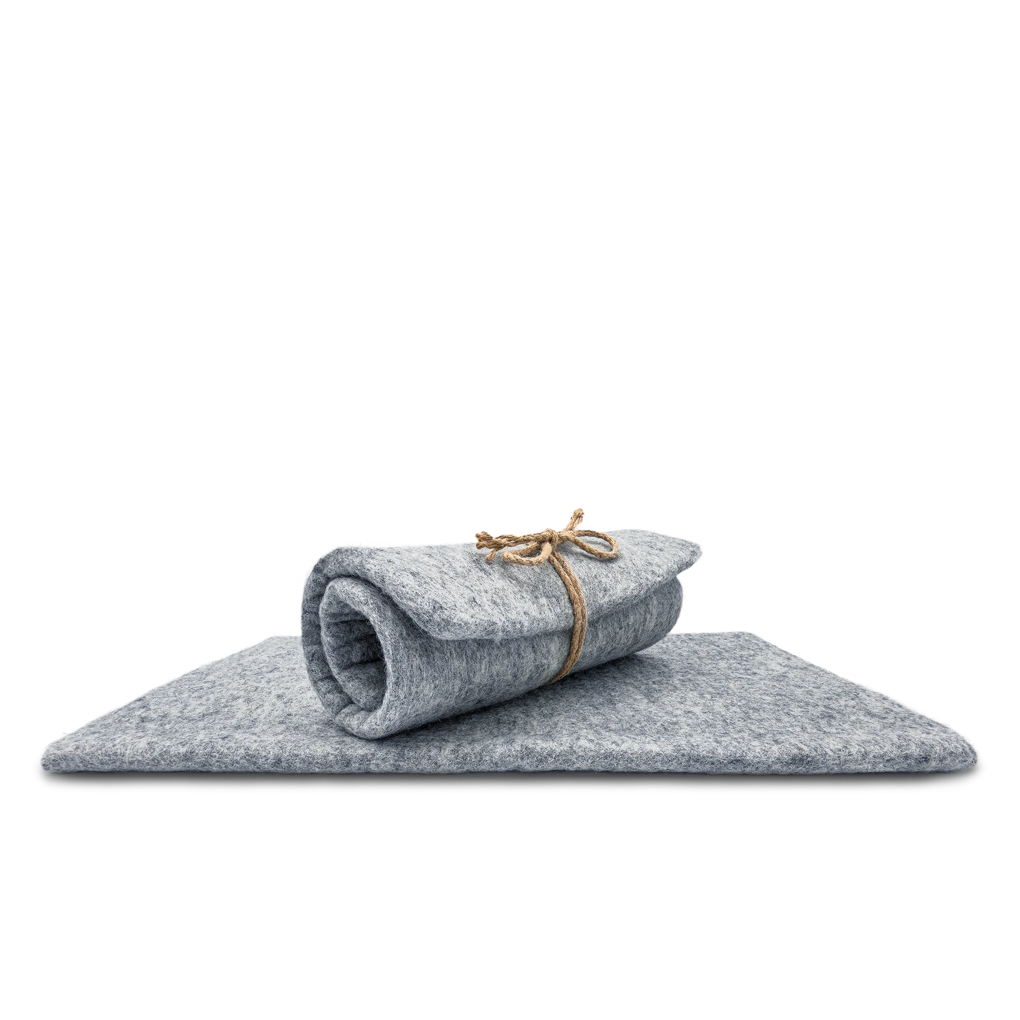 Light grey rectangular felted wool cat carrier cushion rolled and tied with twine on top of a flat pad.