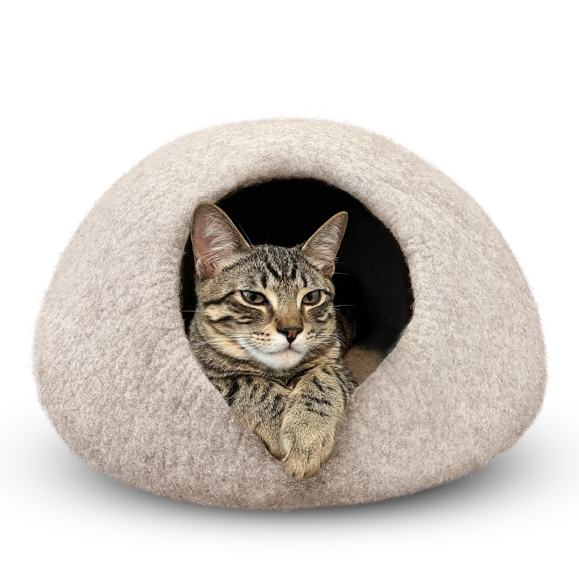 Tabby cat peeking out of a light brown felted wool cat cave bed on a white background