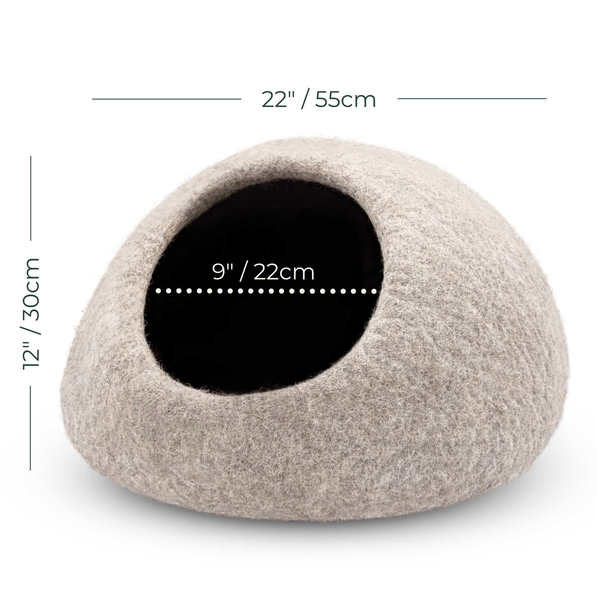 Light brown felted wool cat cave bed with size and opening dimensions on a white background