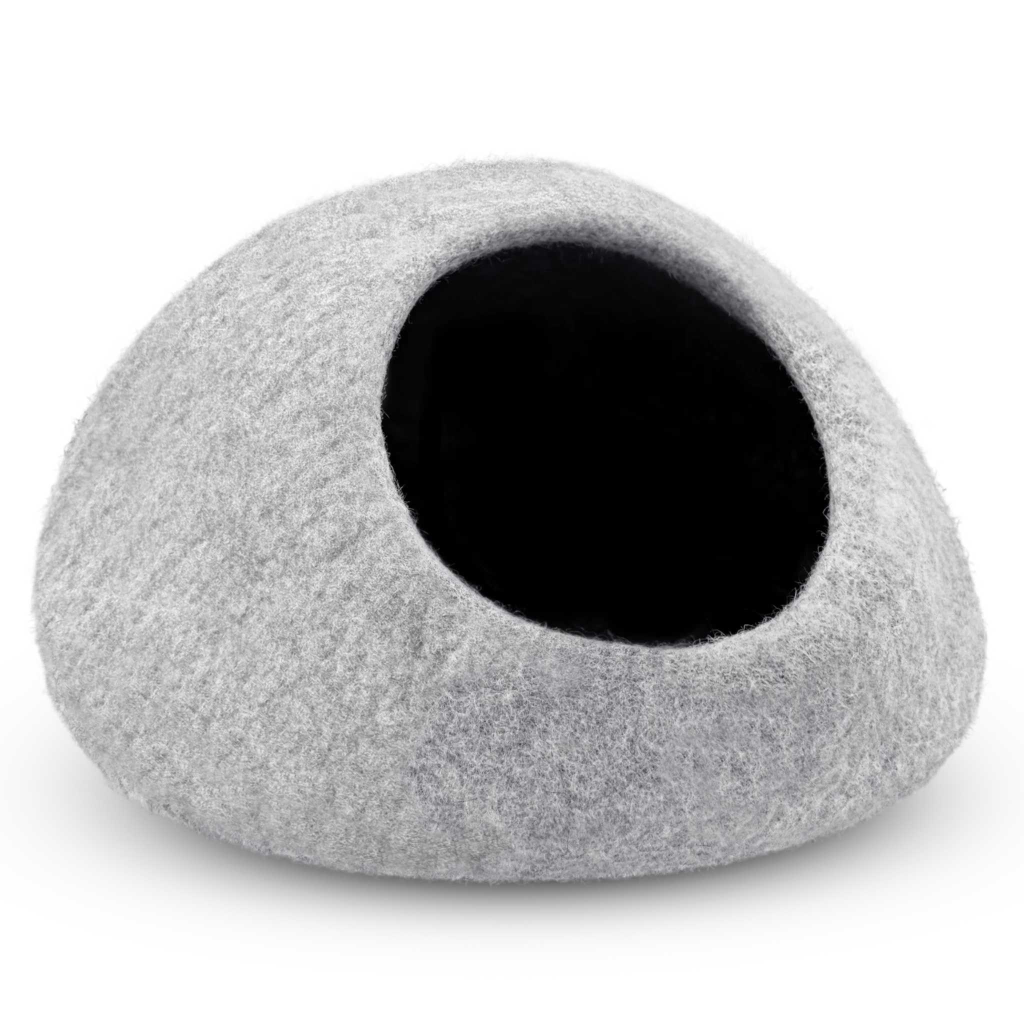 Light grey felted wool cat cave bed with a shadowed opening on a white background