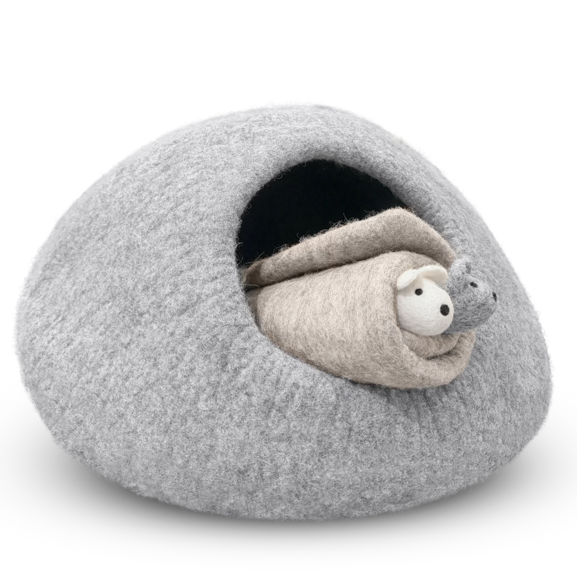 Light grey felted wool cat cave bed with a rolled felt mat and two felted wool mouse toys on a white background