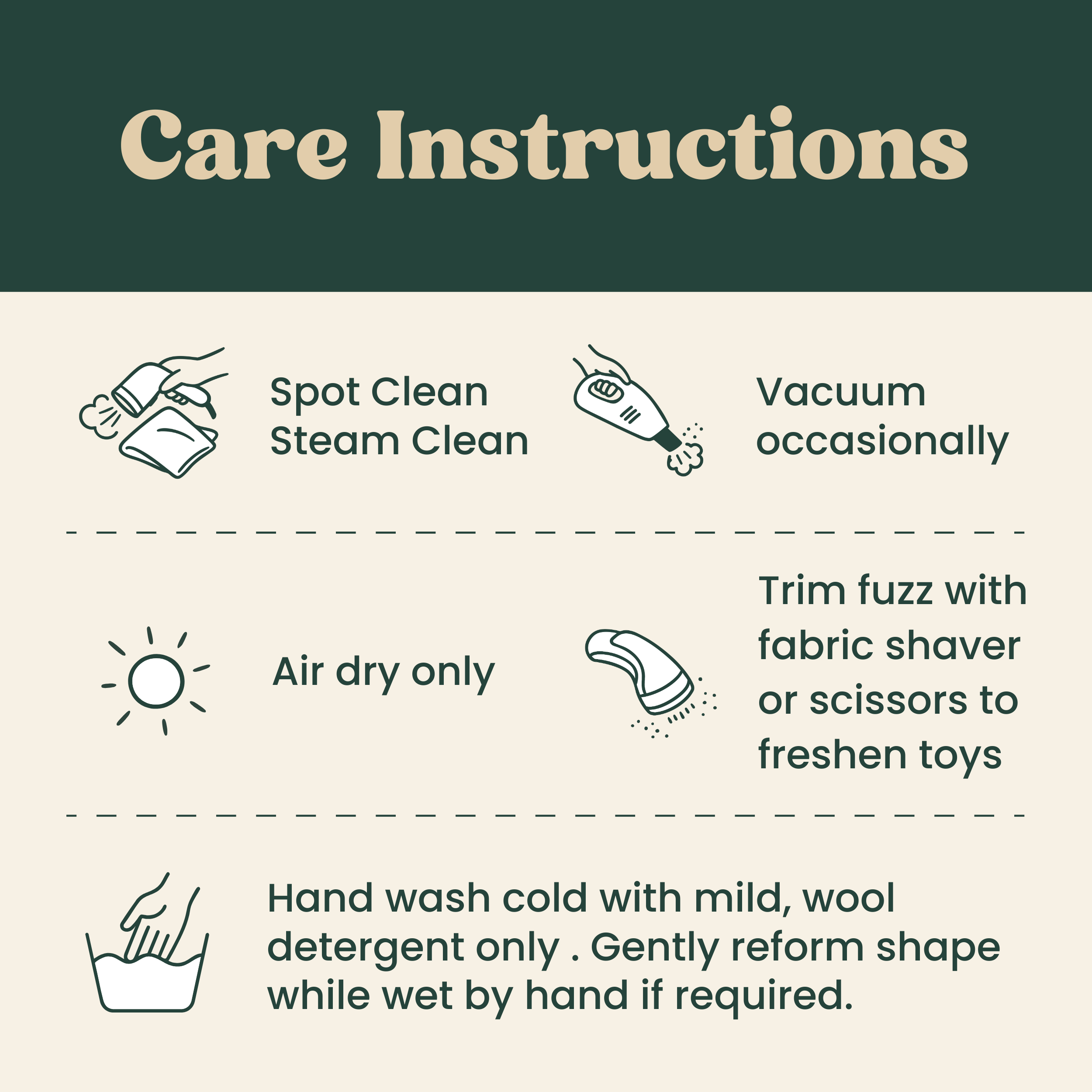 Care instructions graphic for felted wool cat kicker toys, showing cleaning and drying recommendations.