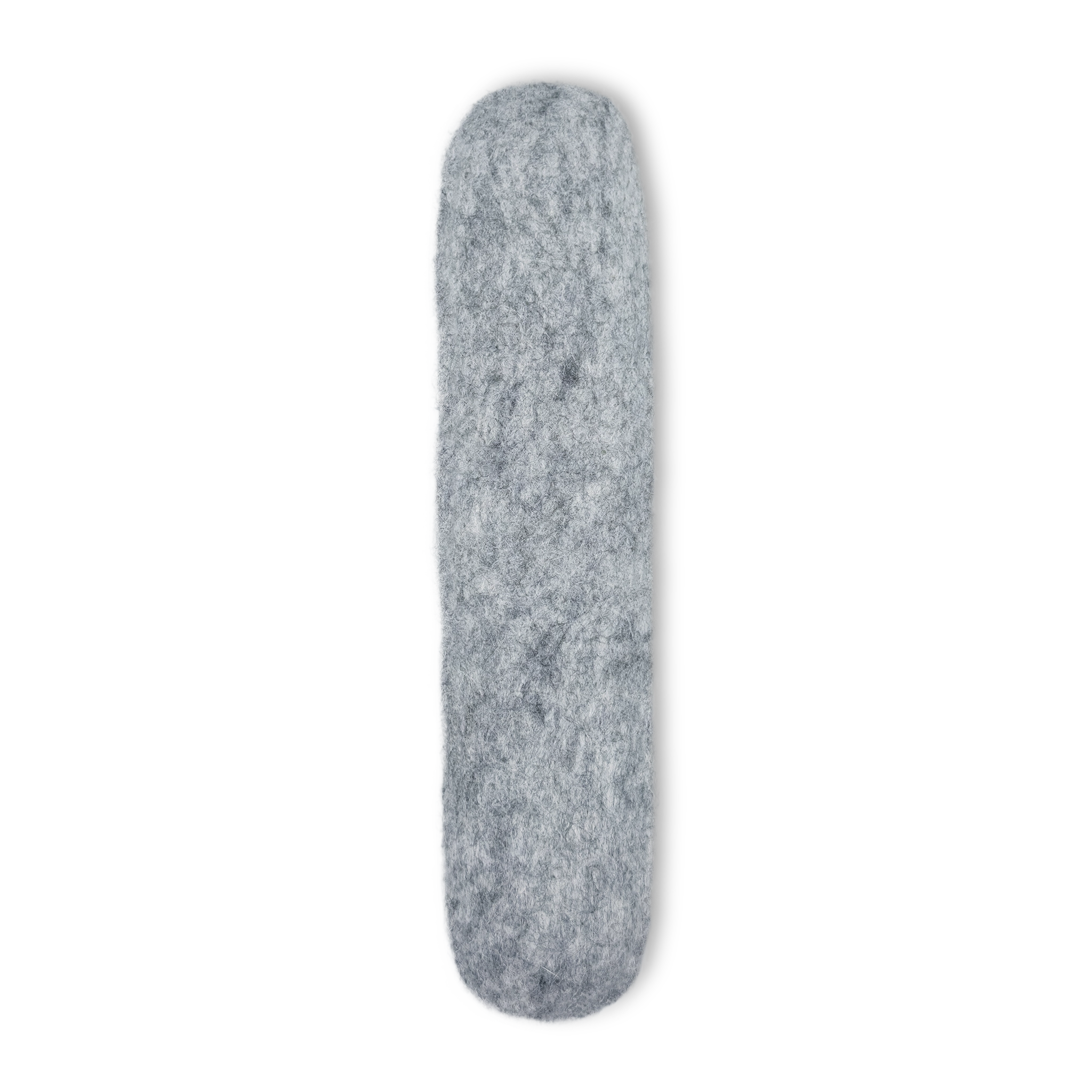 Single light grey felted wool cat kicker toy standing vertically on a light background.