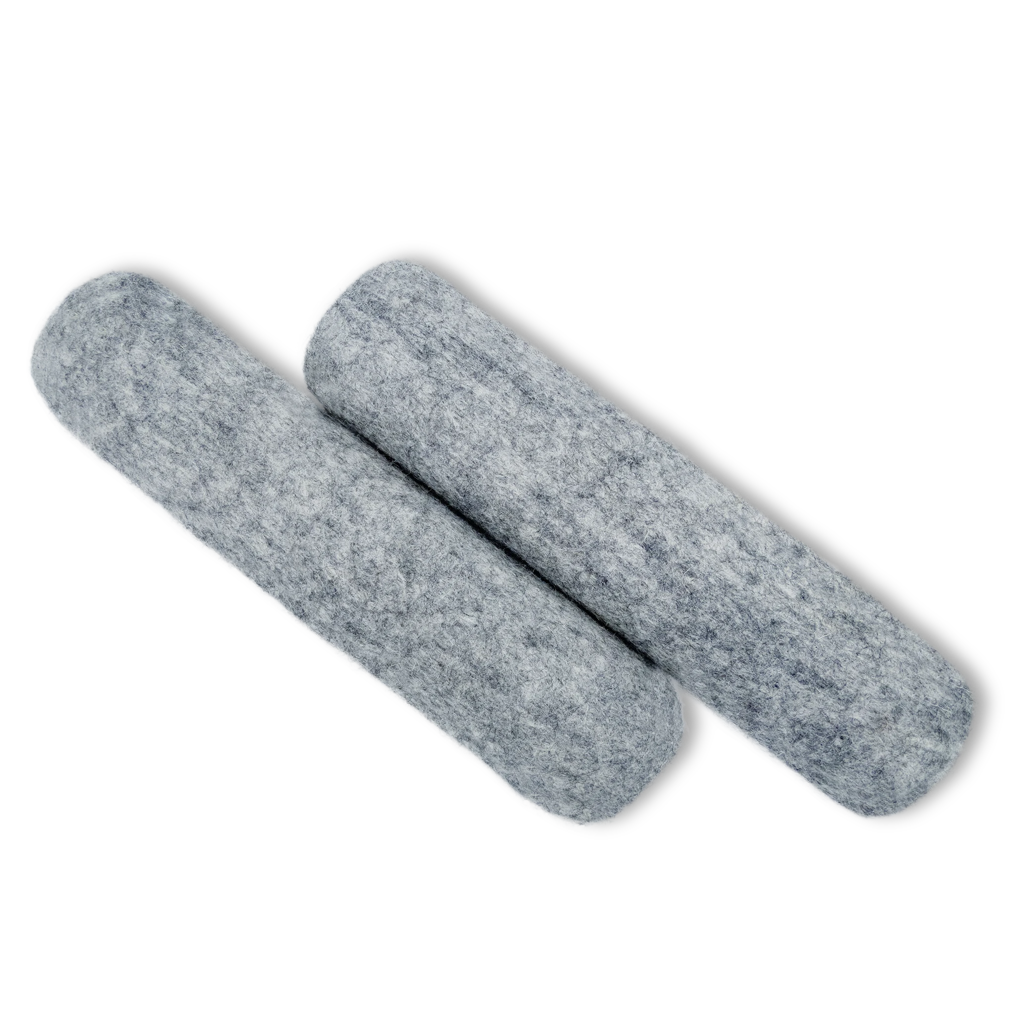 Pair of light grey felted wool cat kicker toys overlapping on a light background.