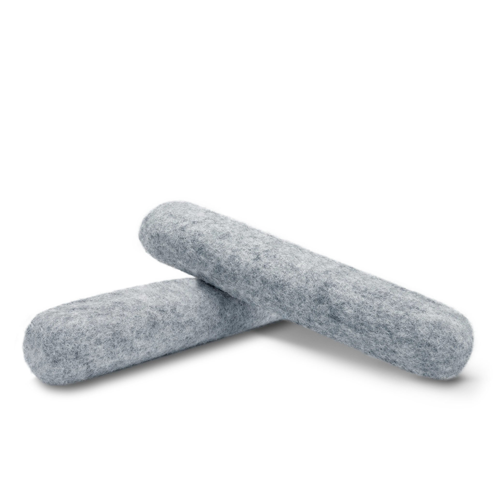 Two light grey felted wool cat kicker toys crossed over each other on a light background.