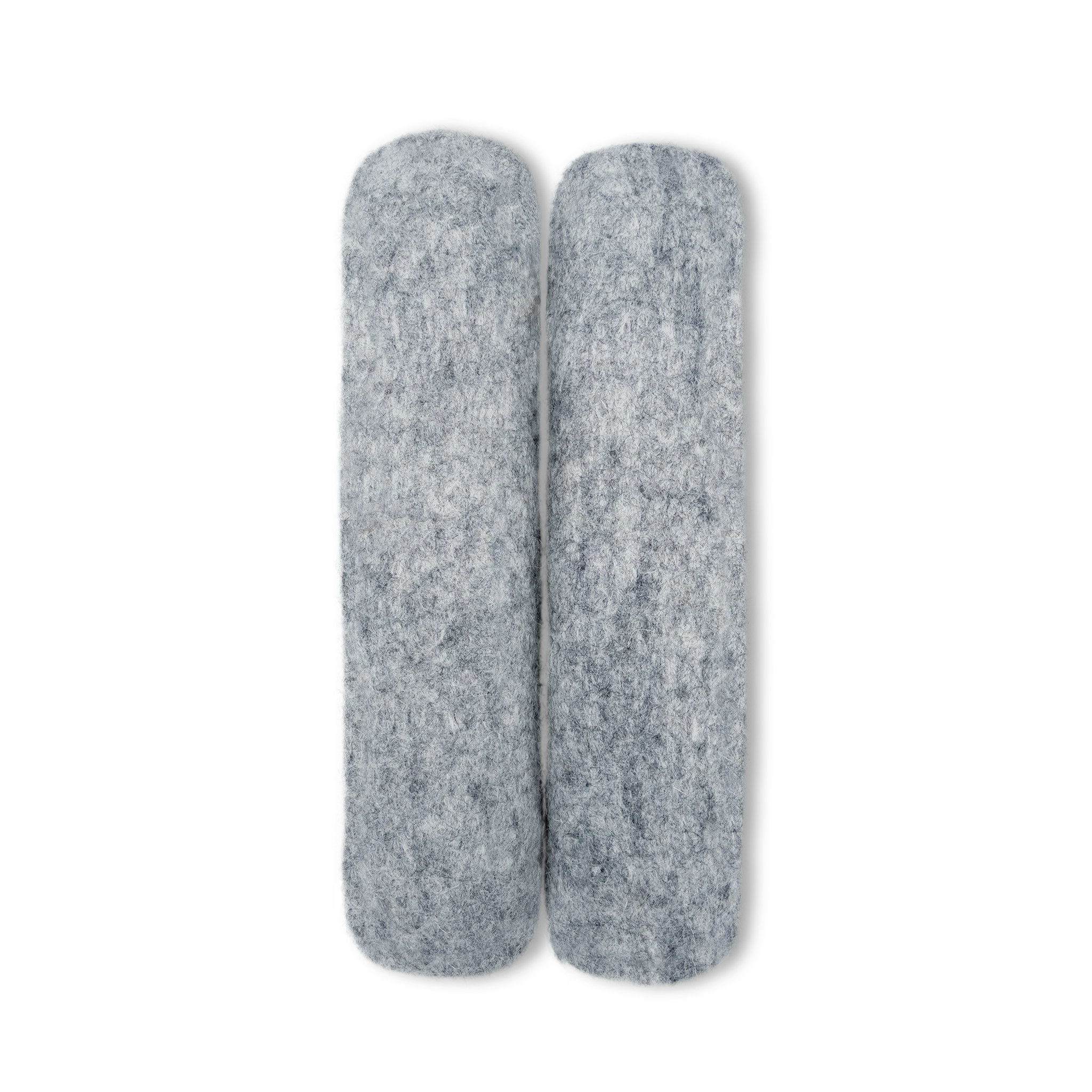 Pair of light grey felted wool cat kicker toys standing side by side on a light background.