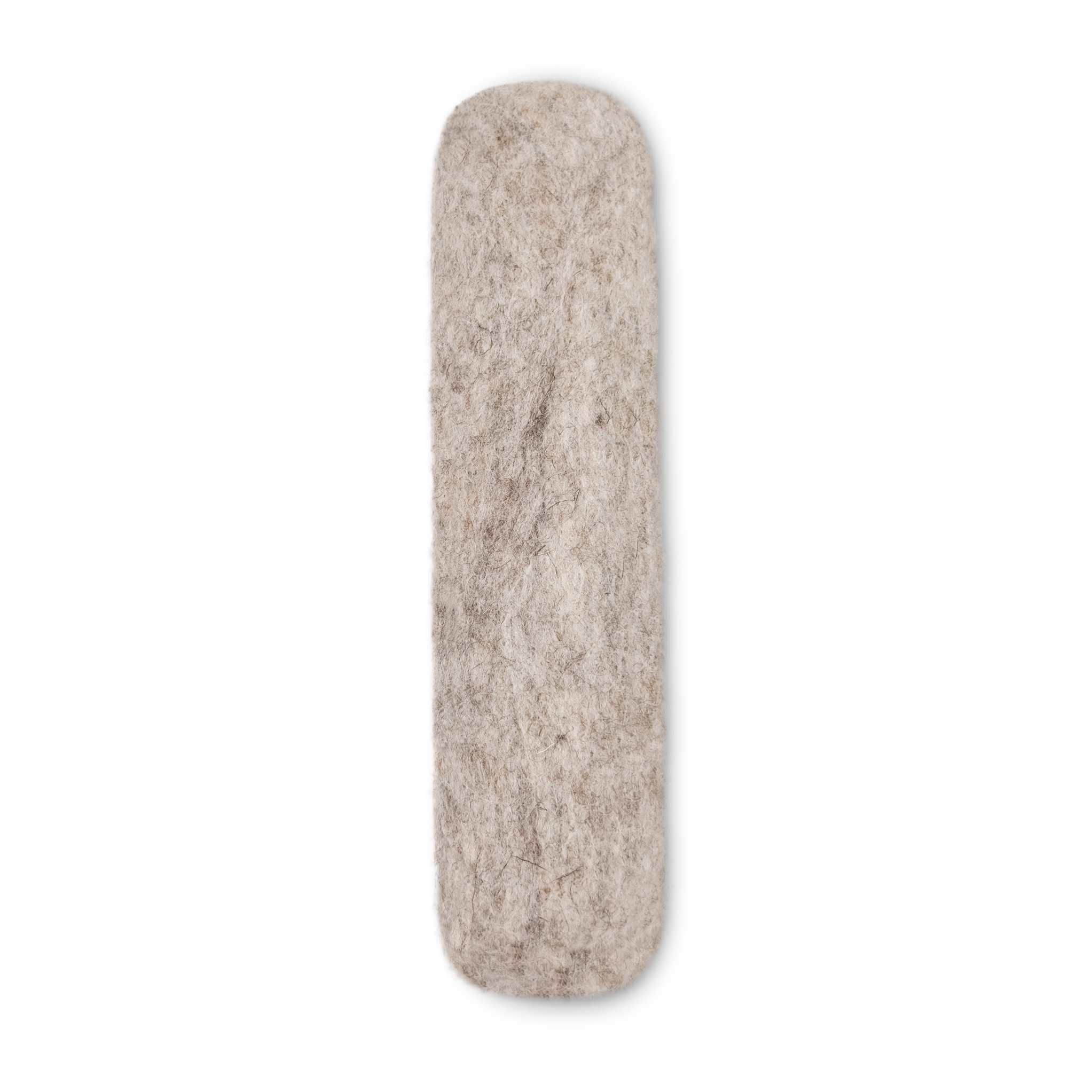 Single light brown felted wool cat kicker toy standing vertically on a light background.