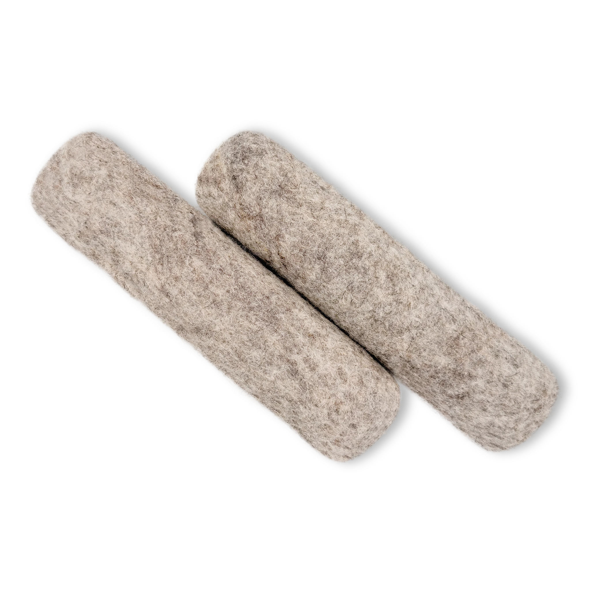 Pair of light brown felted wool cat kicker toys angled side by side on a light background.