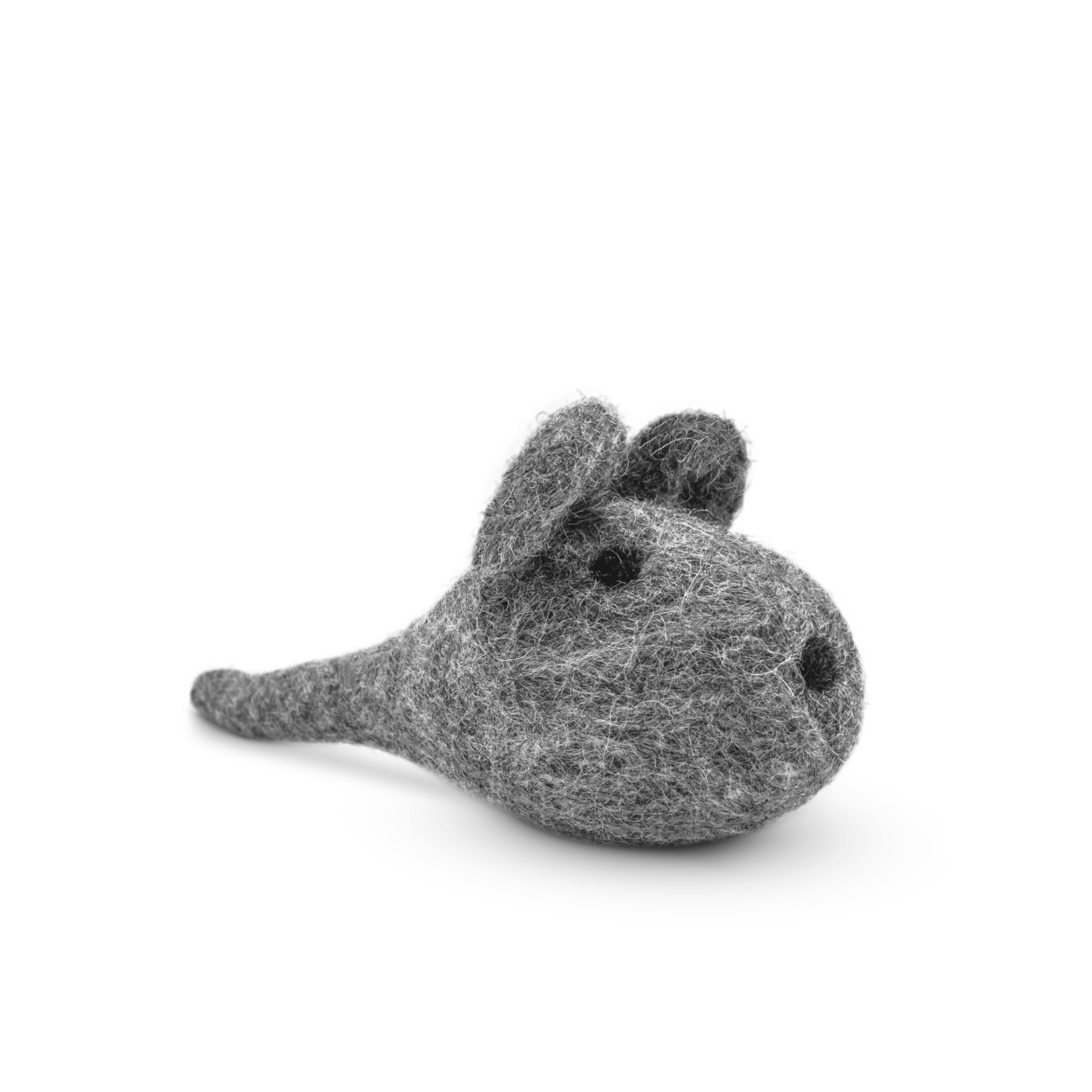 Grey felted wool mouse cat toy on a light background.