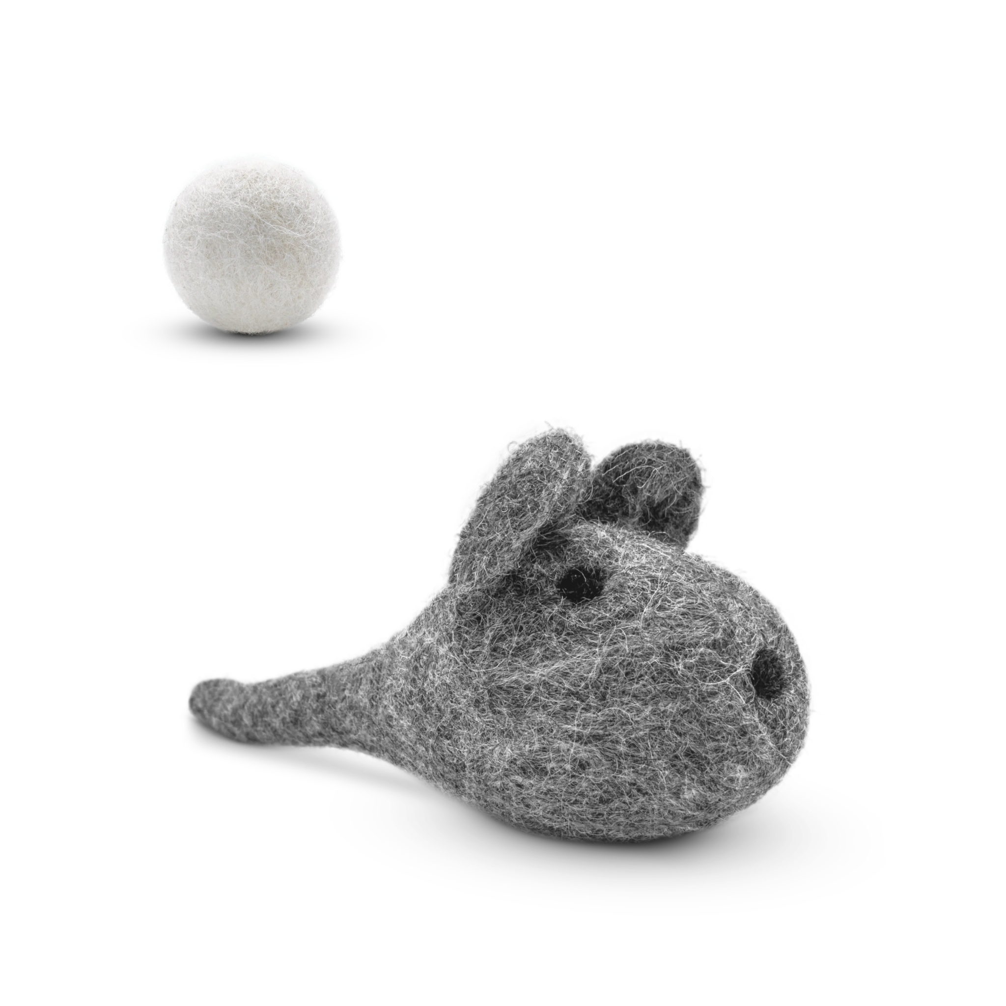 Grey felted wool mouse cat toy with a white wool ball on a light background.