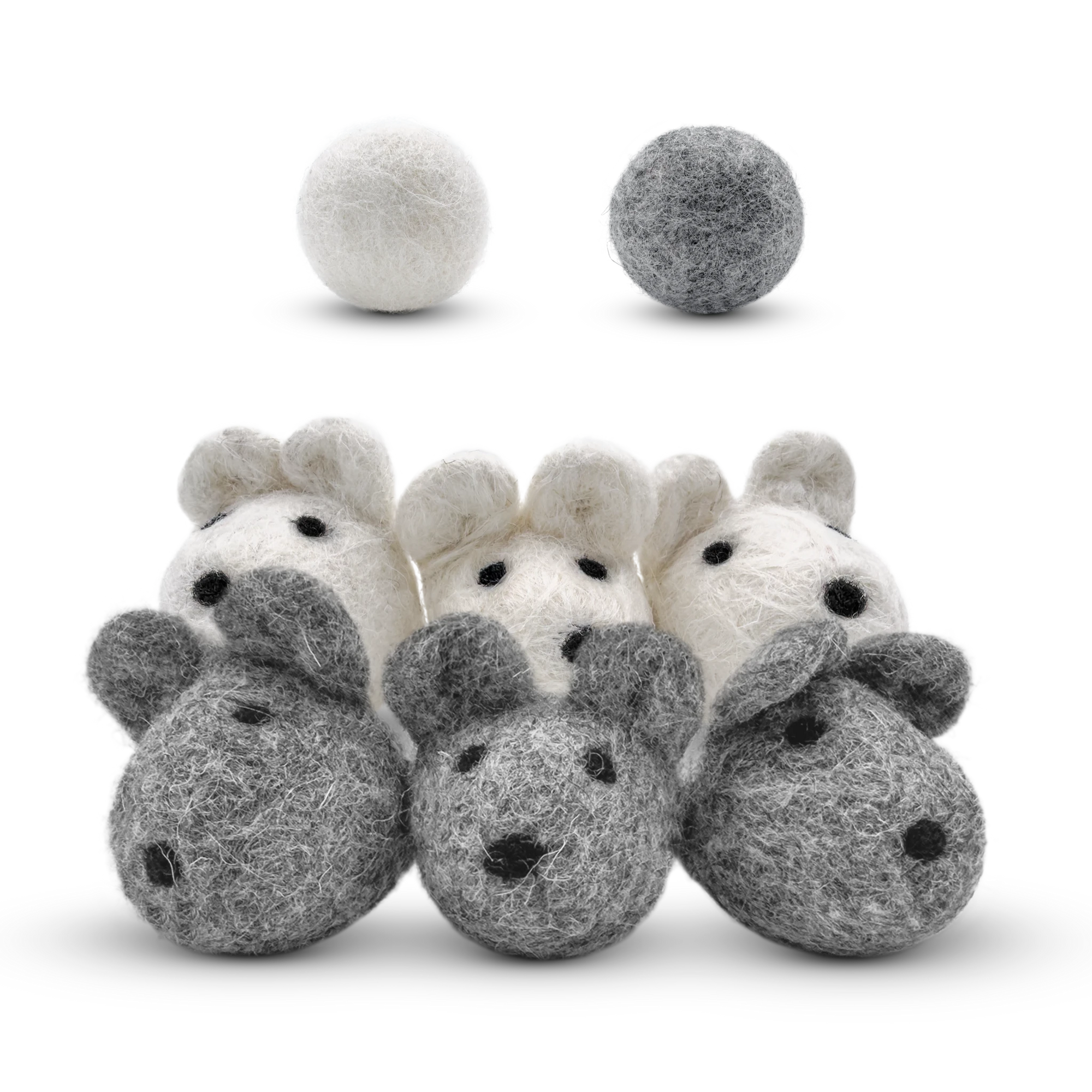 Set of grey and white felted wool mouse toys with two wool balls from Kitty Cat Habitat on a light background.