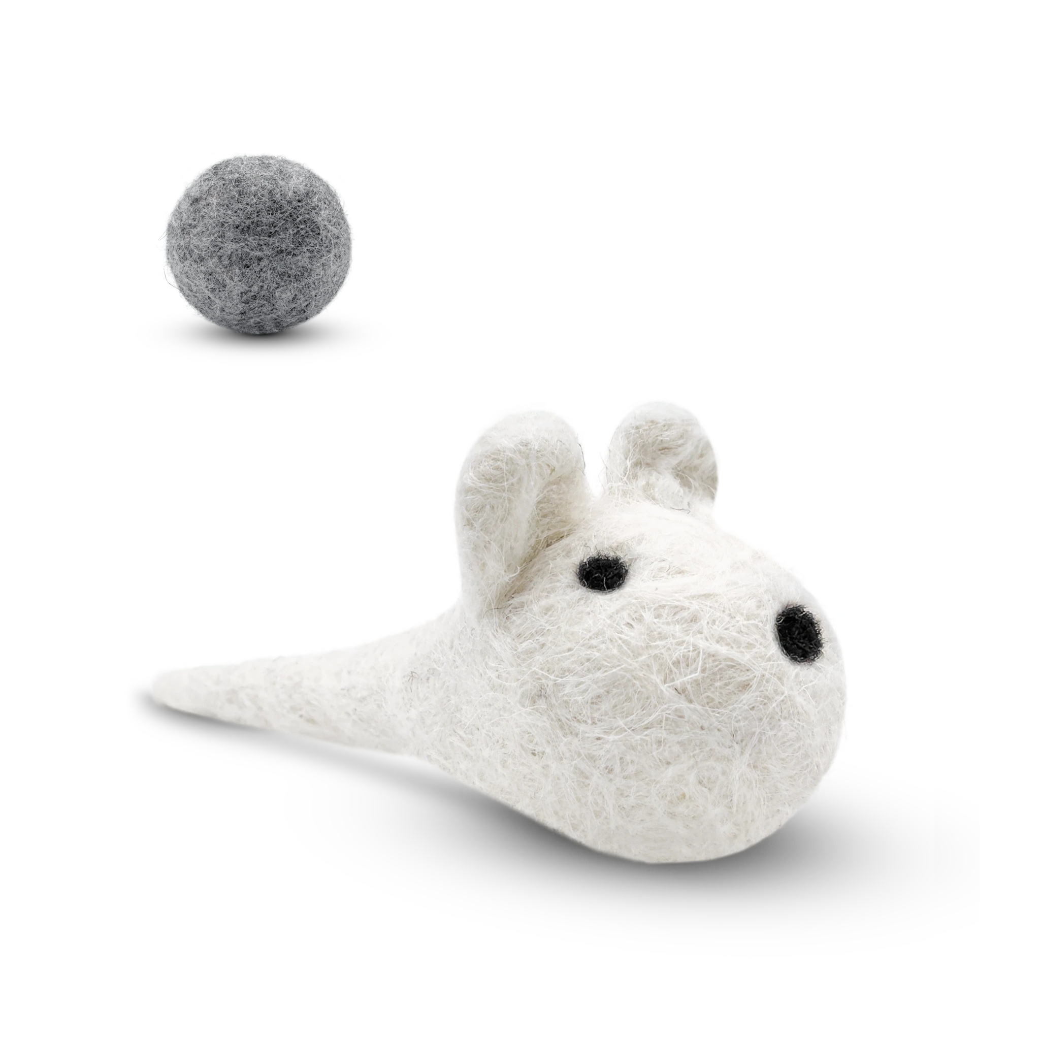 White felted wool mouse cat toy with a grey wool ball on a light background.