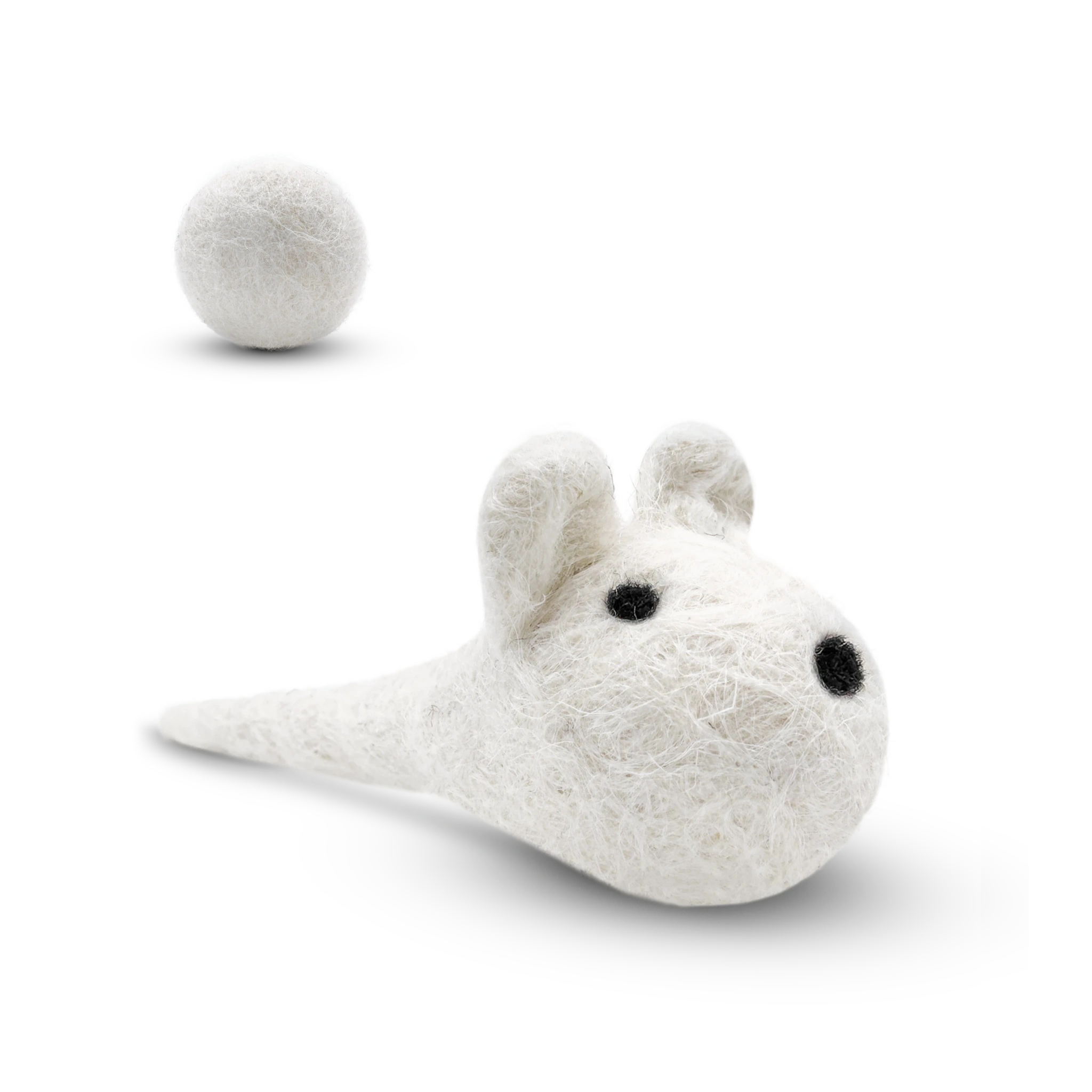 White felted wool mouse cat toy with matching wool ball on a light background.