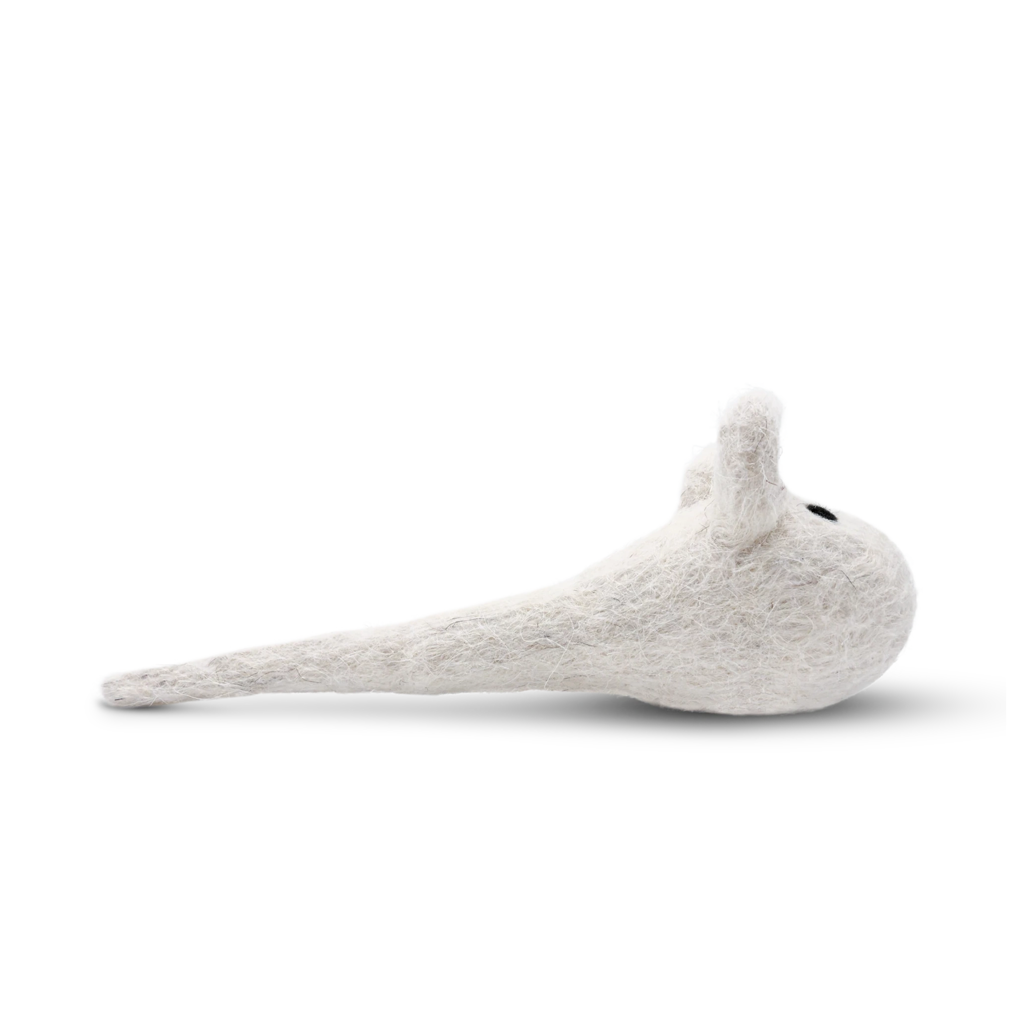 Single white felted wool mouse cat toy on a light background.