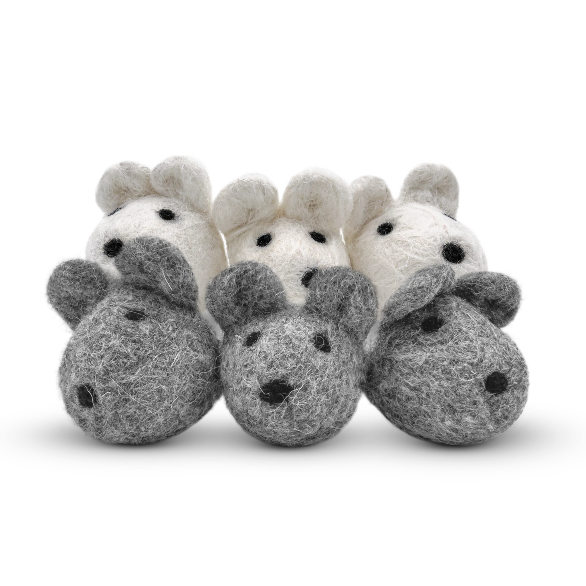 Group of grey and white felted wool mouse cat toys on a light background.