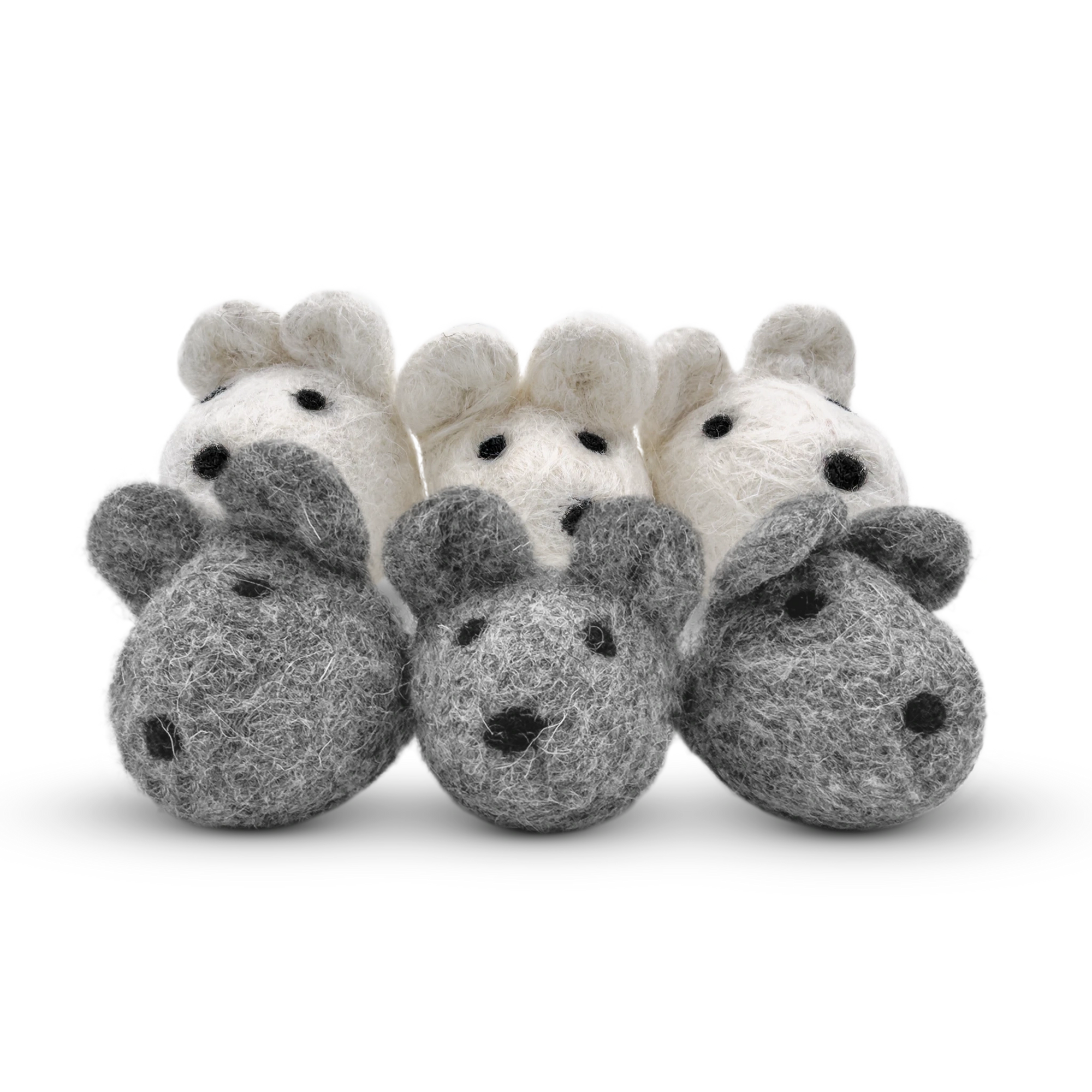 Group of grey and white felted wool mouse cat toys on a light background.