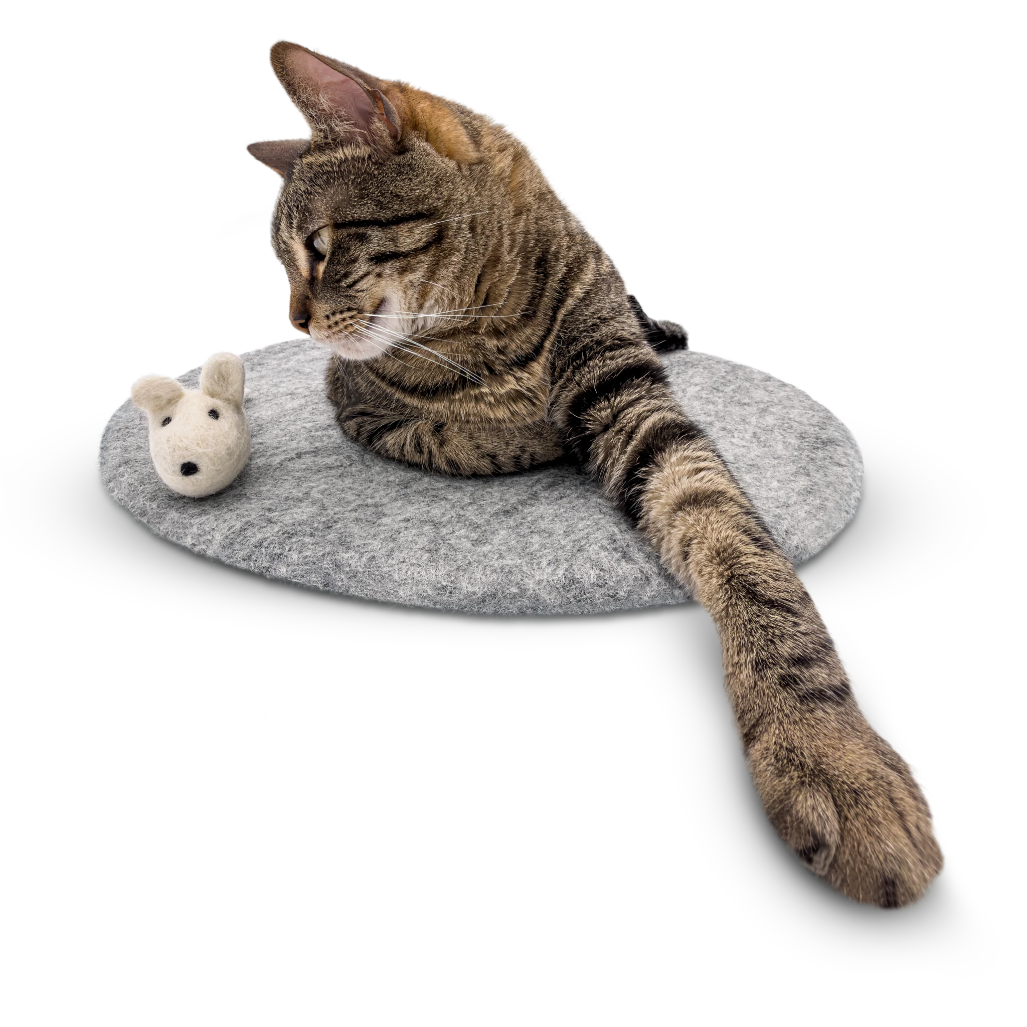 Tabby cat lounging on a round grey wool mat with a white felted wool mouse toy on a light background.