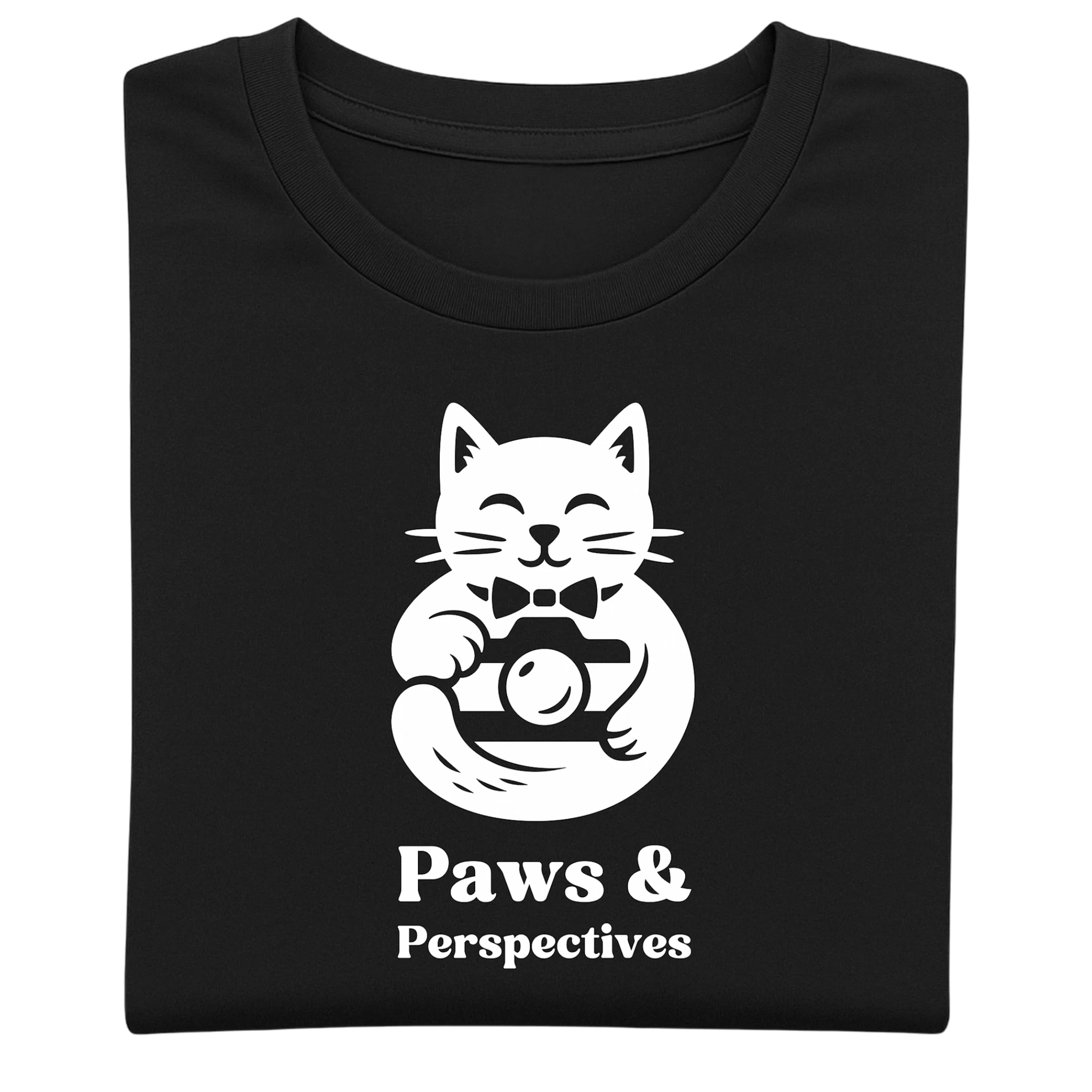 Chest and neckline close-up of black Paws & Perspectives cat graphic t-shirt on a light background.