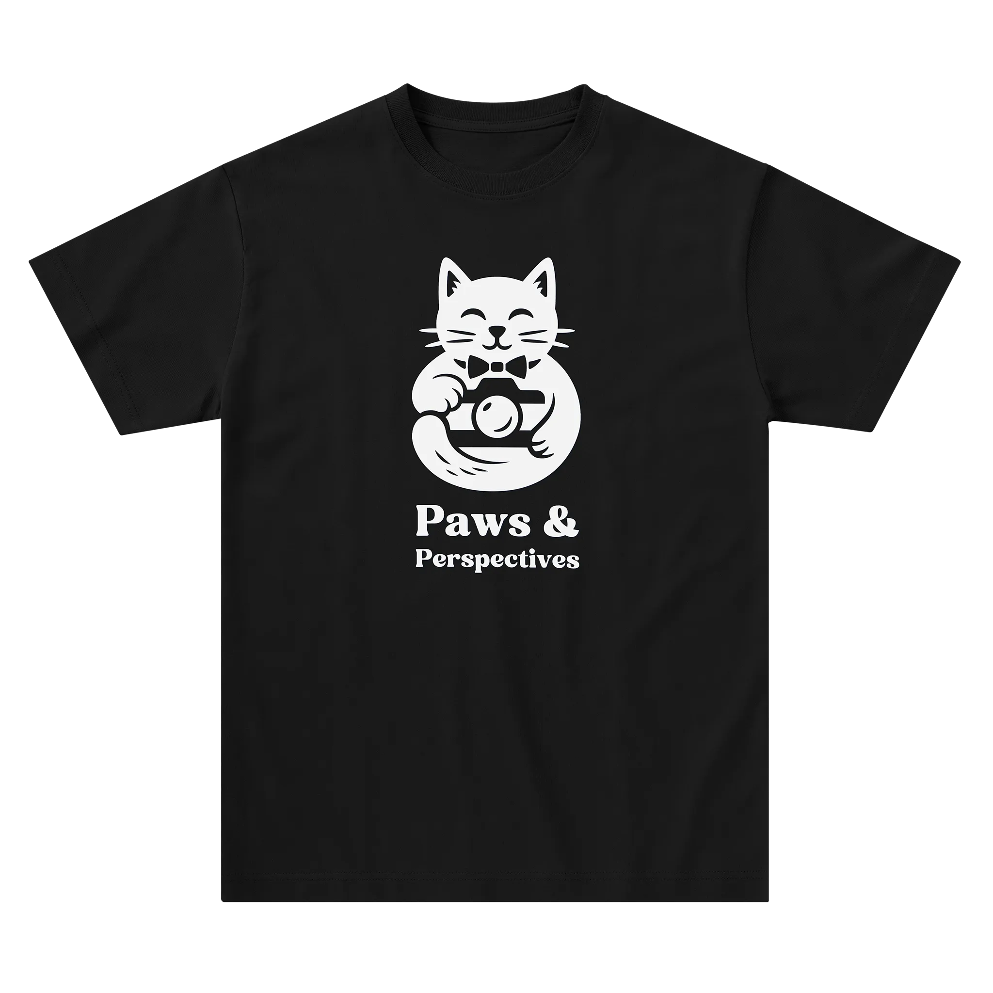 Black Paws & Perspectives cat graphic t-shirt laid flat on a light background.