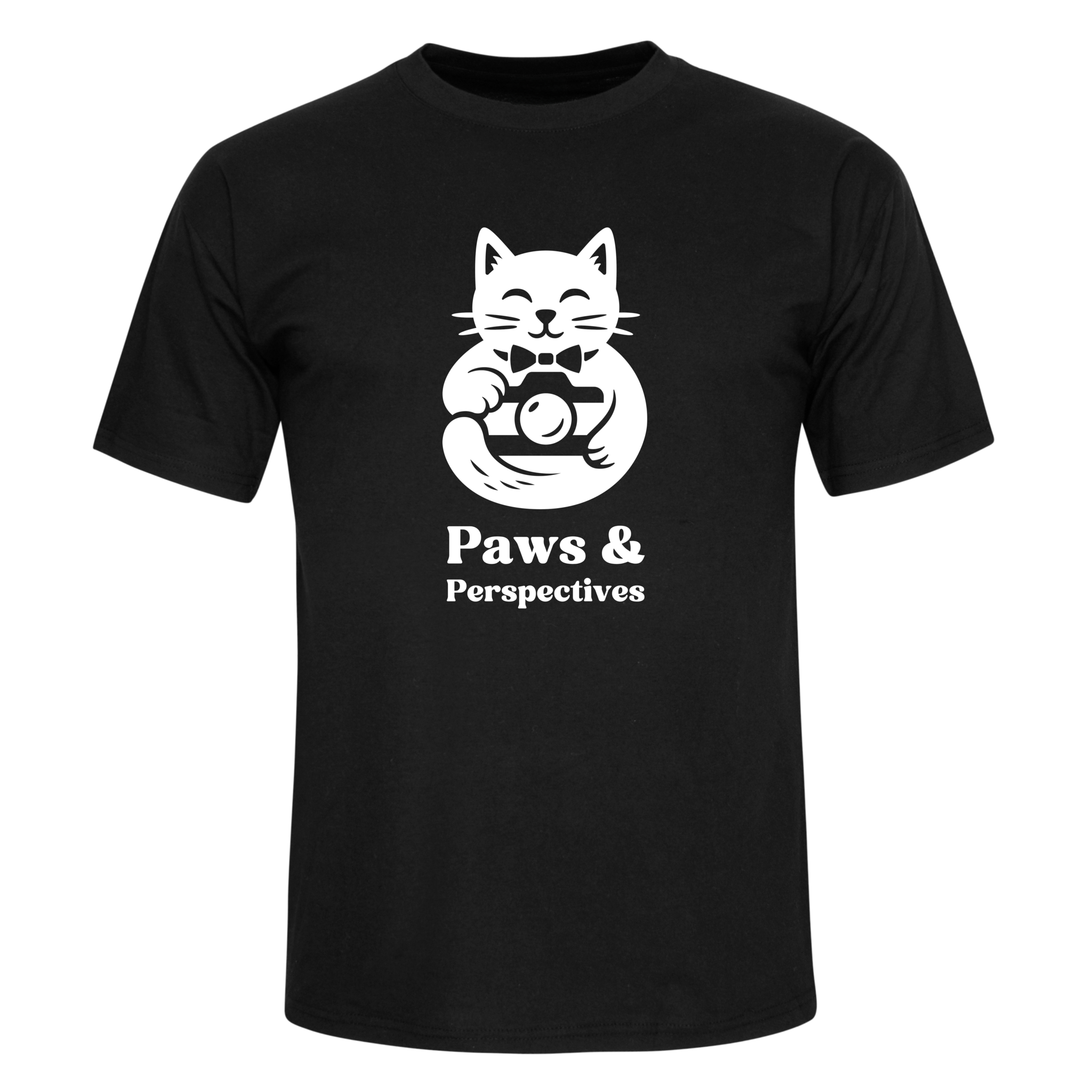 Black Paws & Perspectives cat graphic t-shirt shown on a front-on body mockup on a light background.