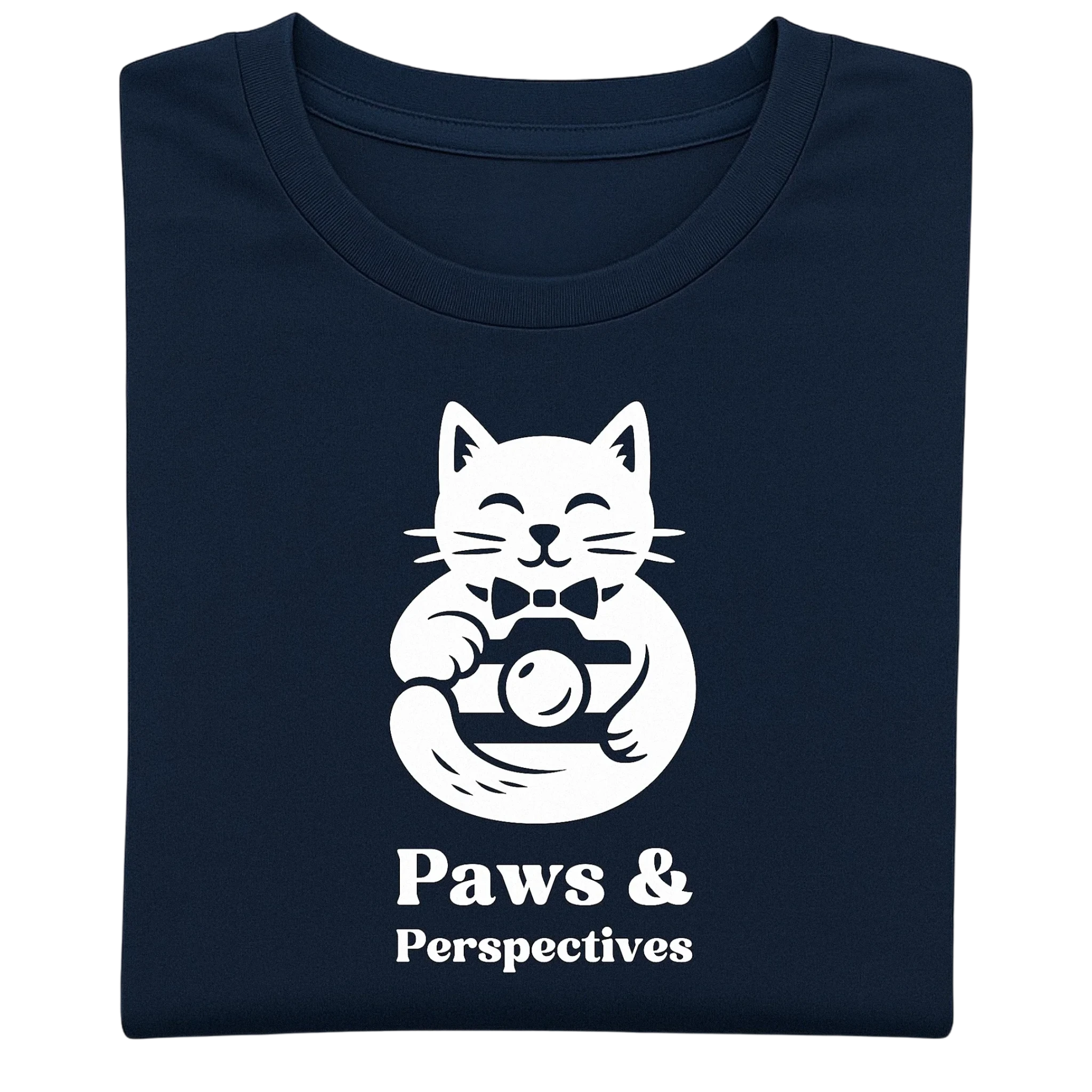 Chest and neckline close-up of navy blue Paws & Perspectives cat graphic t-shirt on a light background.