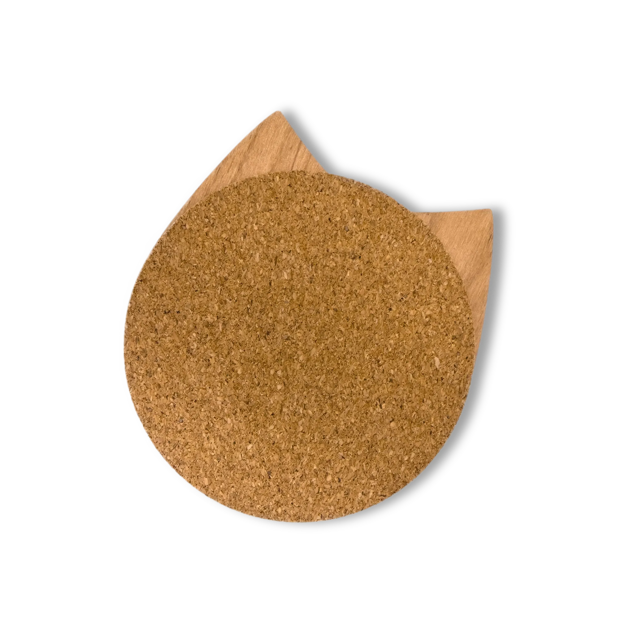 Wooden cat head drink coaster with cork backing facing forward and wood side peeking out behind on a light background.