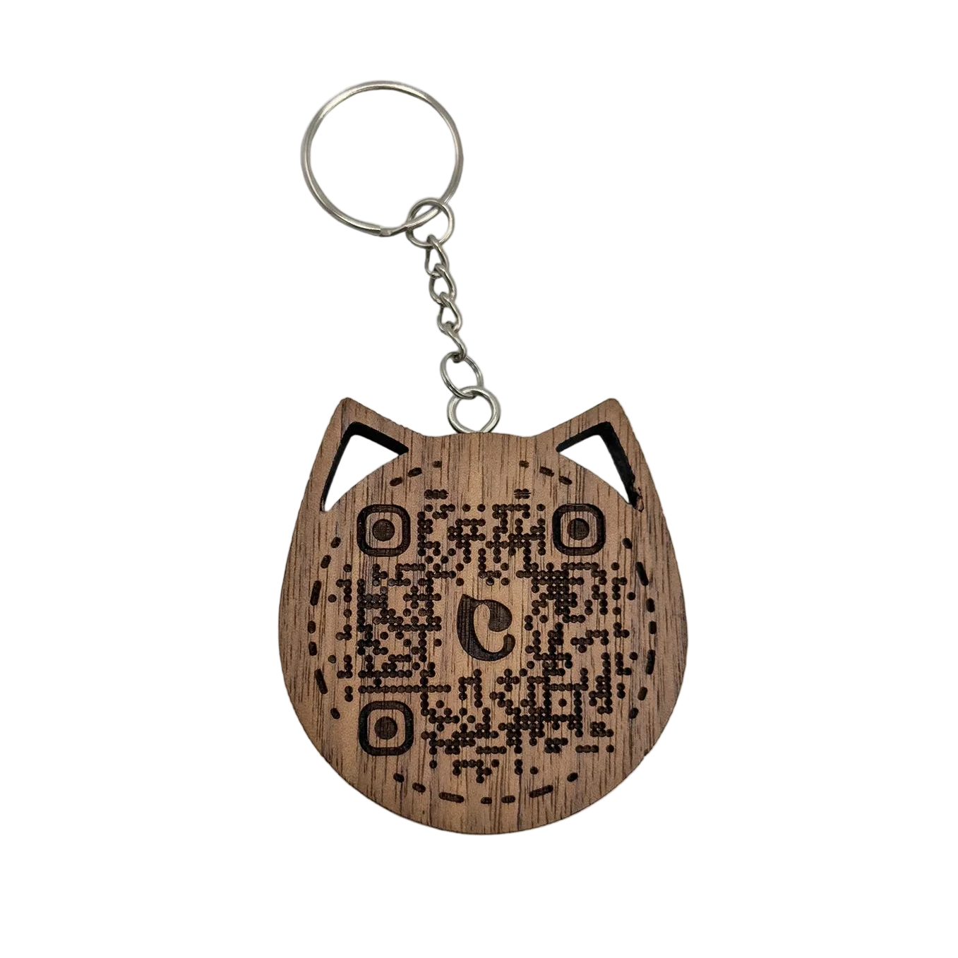 Walnut wooden cat head keychain showing an engraved QR code on a light background.